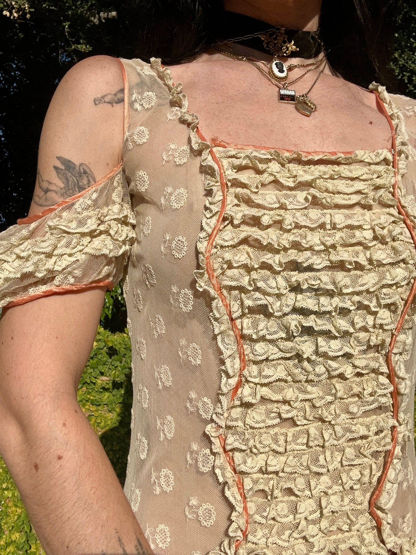 Rare antique 1920’s/1930’s silk tulle lace and tiered frill trim day dress