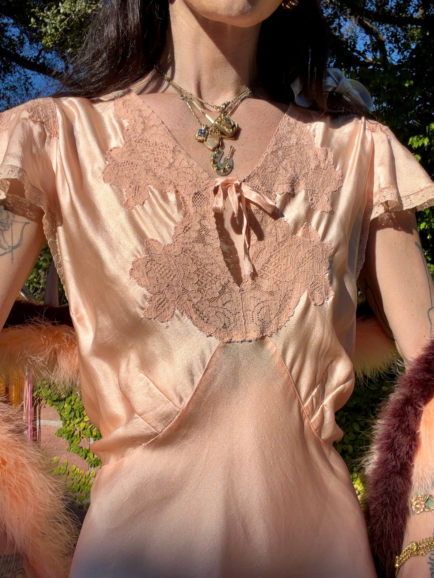 Antique late 1930’s / Early 1940’s Silk Satin Peachy Pink Slip Dress With Lace Inserts and Flutter Shoulder Sleeves