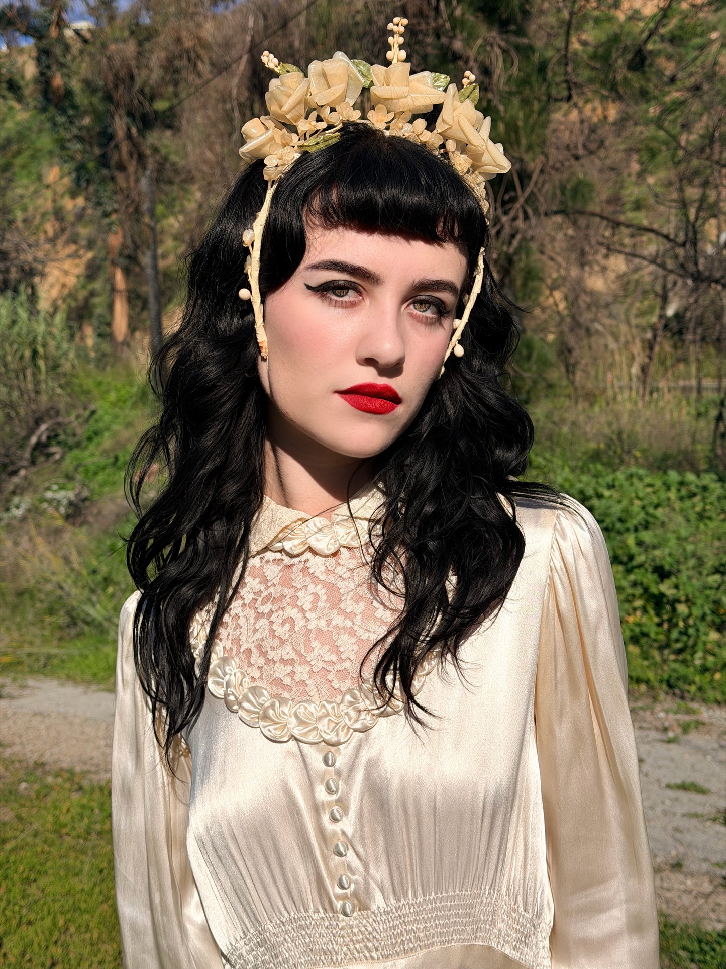 Romantic Antique 1930's Bias Cut Charmeuse Satin Wedding Gown in Candlelight with Rosette Details