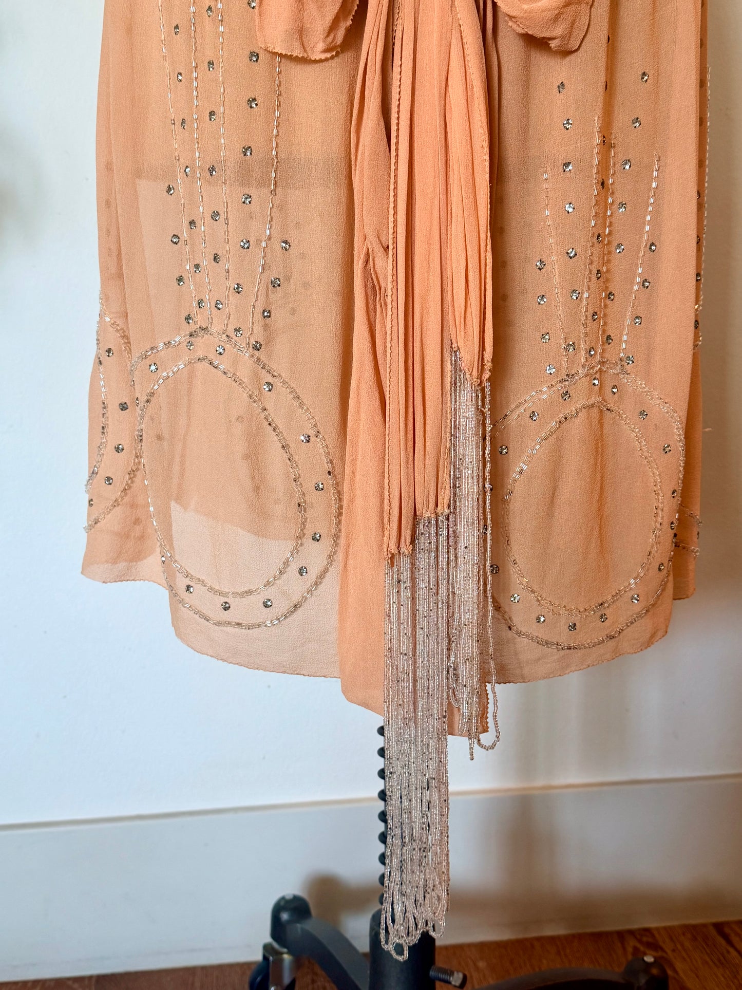 Rare, Angelic, Art Deco Antique 1920’s Silk Chiffon Dress in Peachy Pink Glass Rhinestones and Silver Microbead Tassles