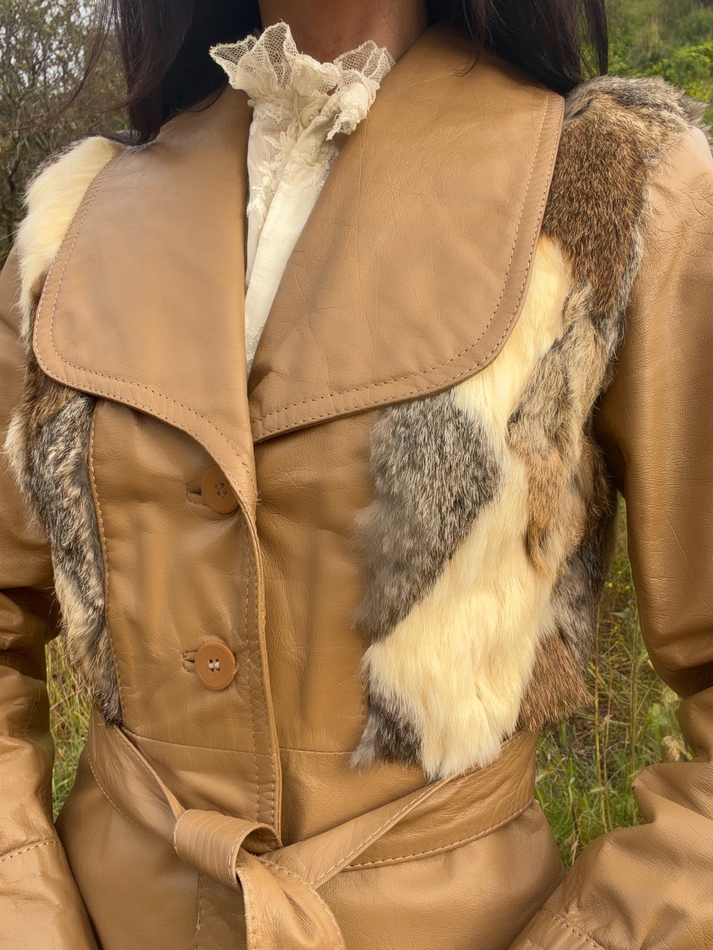 Vintage 1970’s Camel Brown Leather and Diamond Shaped Patchwork Fur Detail Jacket