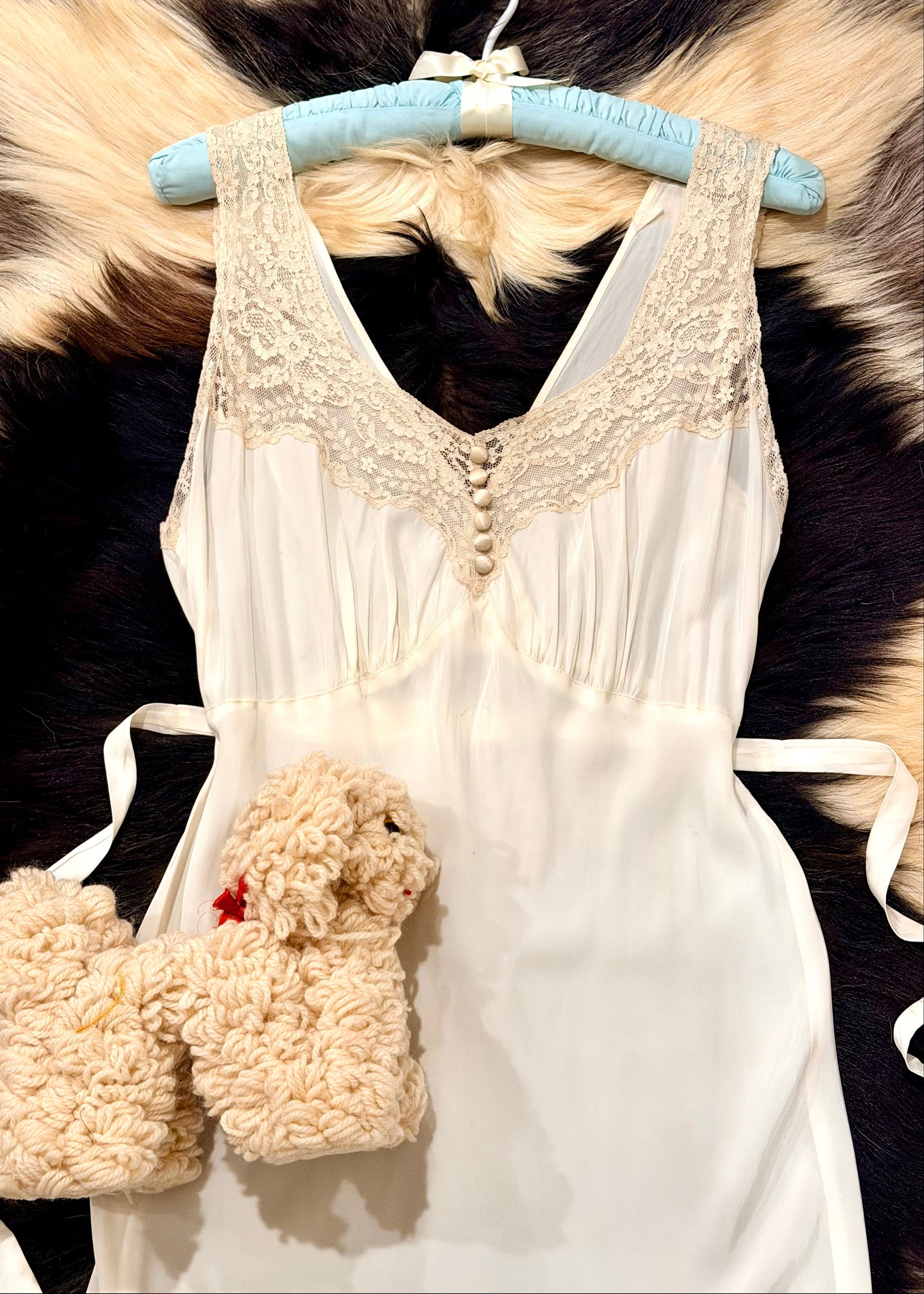 white bias cut 1930's slip dress with ecru lace