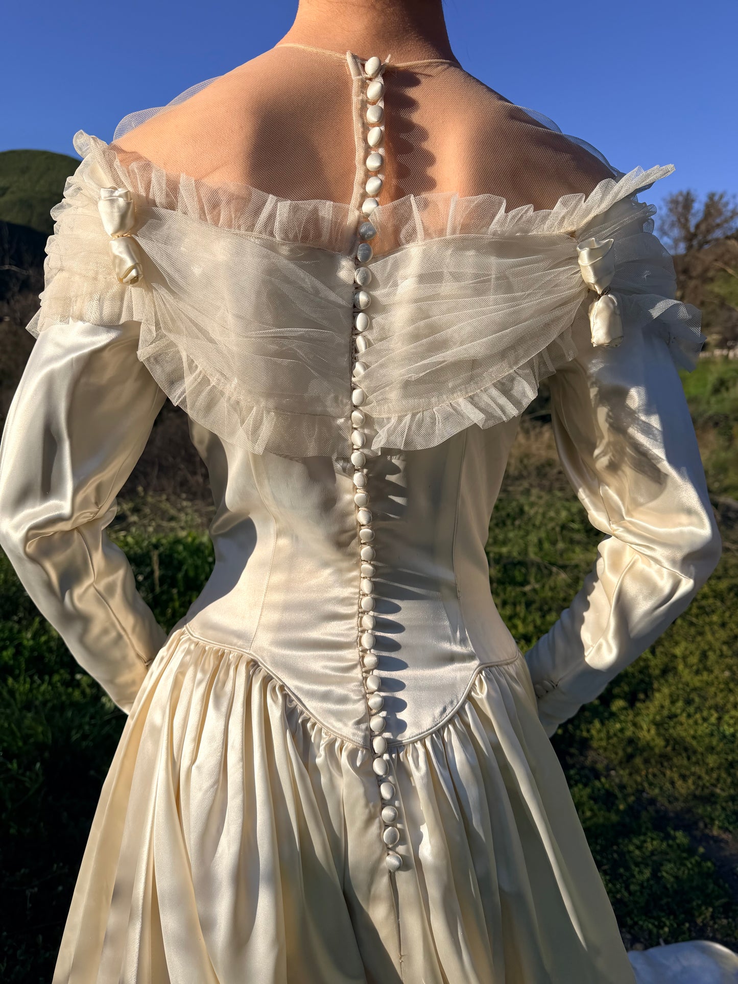 Dramatic Period Piece 1940's Miriam Originals New York Liquid Satin Wedding Gown Basque Waist with an 86" Cathedral Train