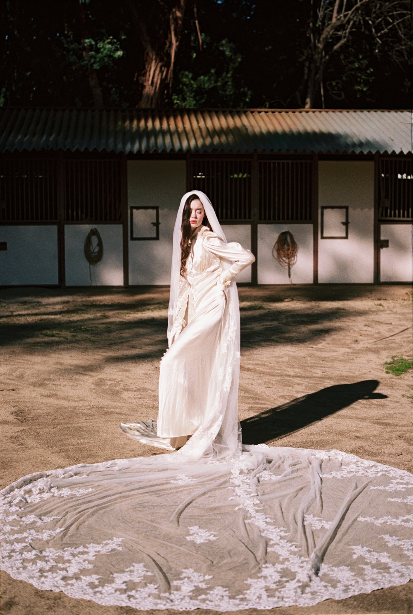 Whimsical Cathedral Train c. 1950's White Lace Wedding Veil with Intricate Alencon Floral Lace Details - 16 feet