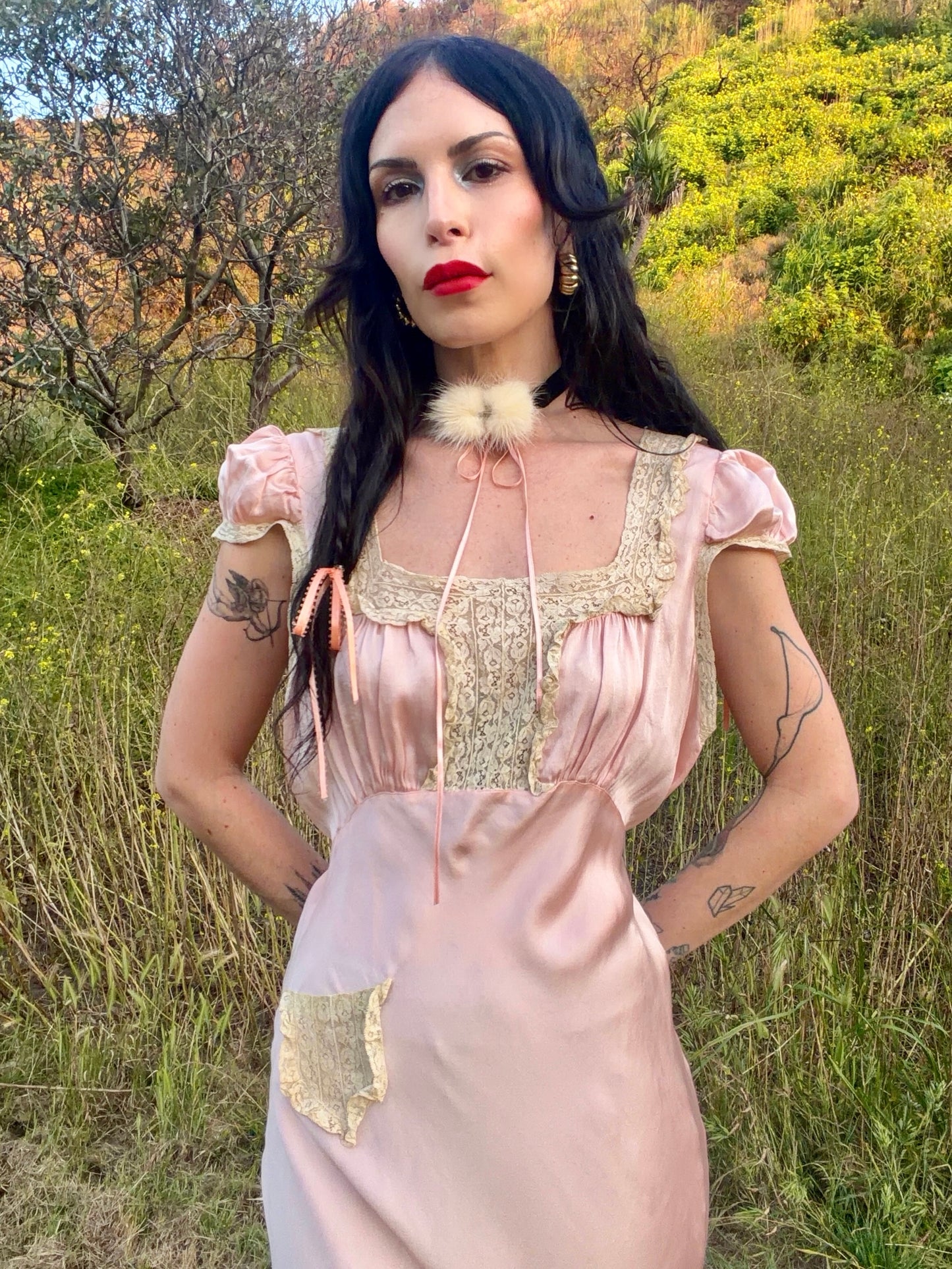 Stunning Antique 1930’s Cherry Blossom Pink Bias Cut Silk Slip Dress with Unique Lace Detail