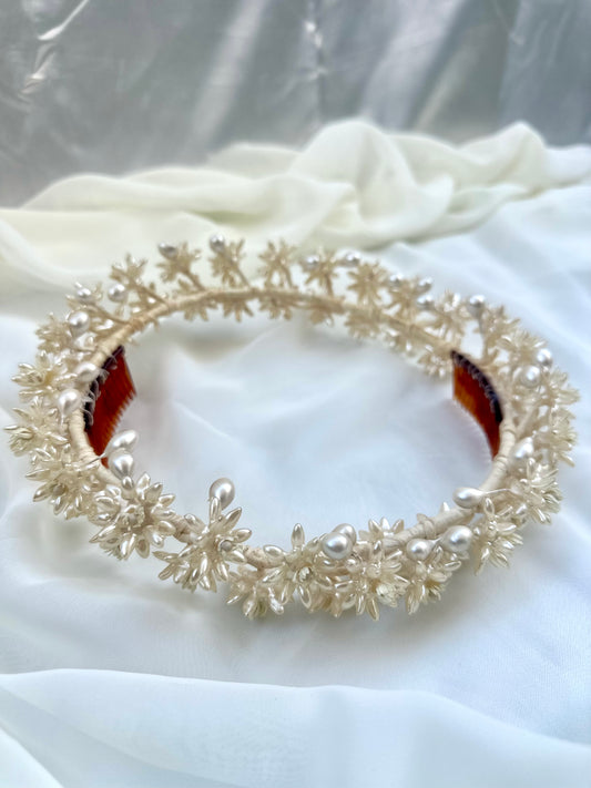 Ethereal Vintage 1950’s Pearlescent Halo Wedding Headpiece with Wax Flowers