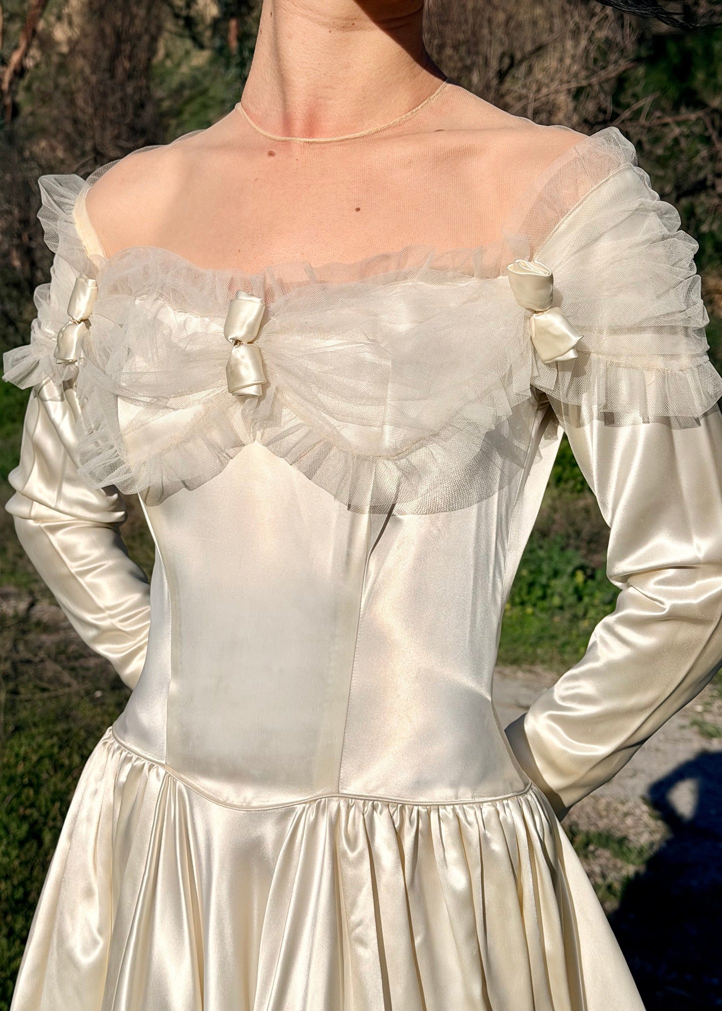 Rare, Exceptionally Stunning, Vintage 1940’s Liquid Silk Satin Charmeuse Wedding Gown in Ivory with a Basque Waist and 86" Cathedral Train. Designed by: Miriam Originals New York