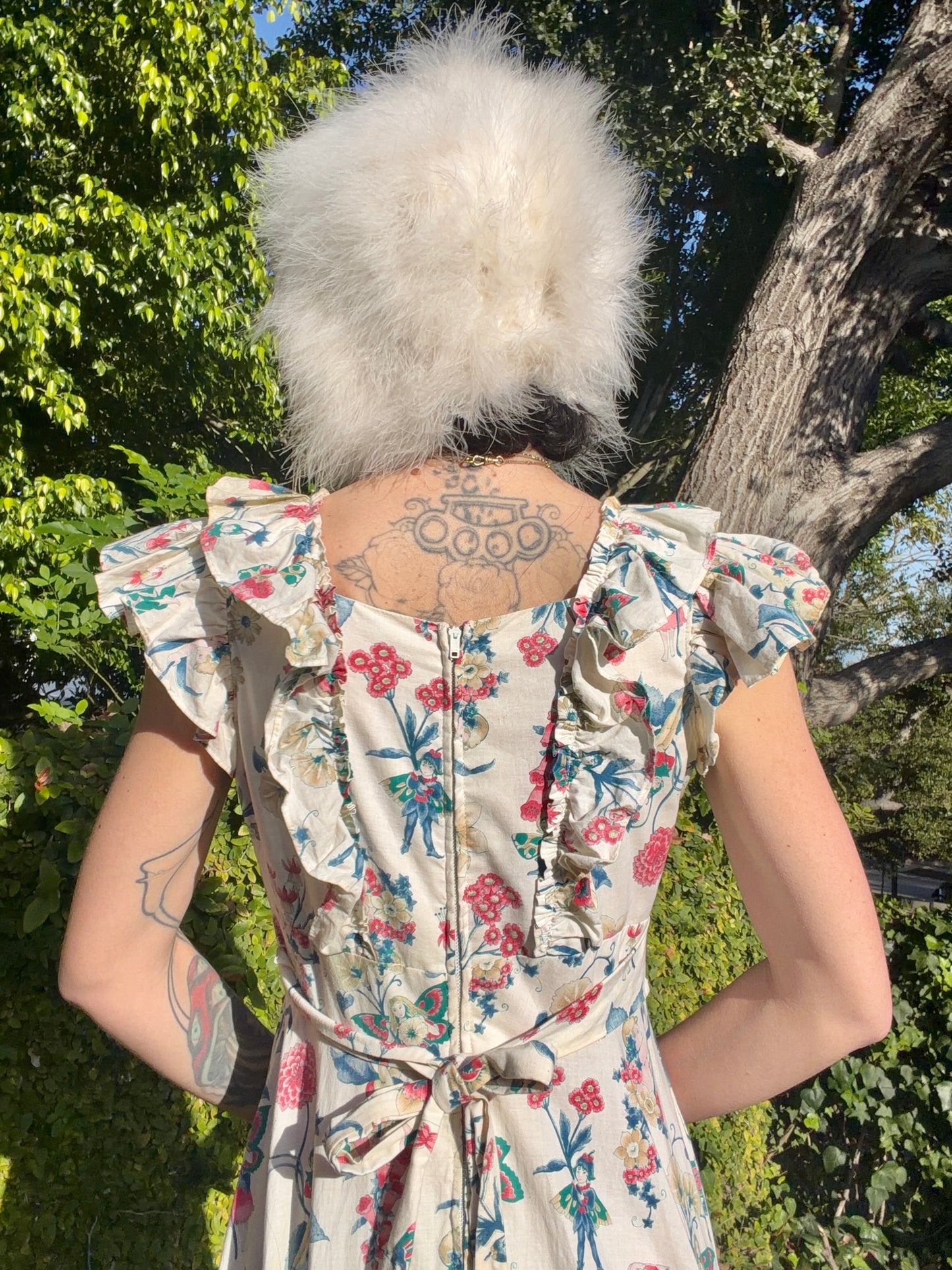 Enchanting Vintage 1970’s Prairie Maxi Gown with a Whimsical Novelty Print of Fairies, Cherubs and Florals