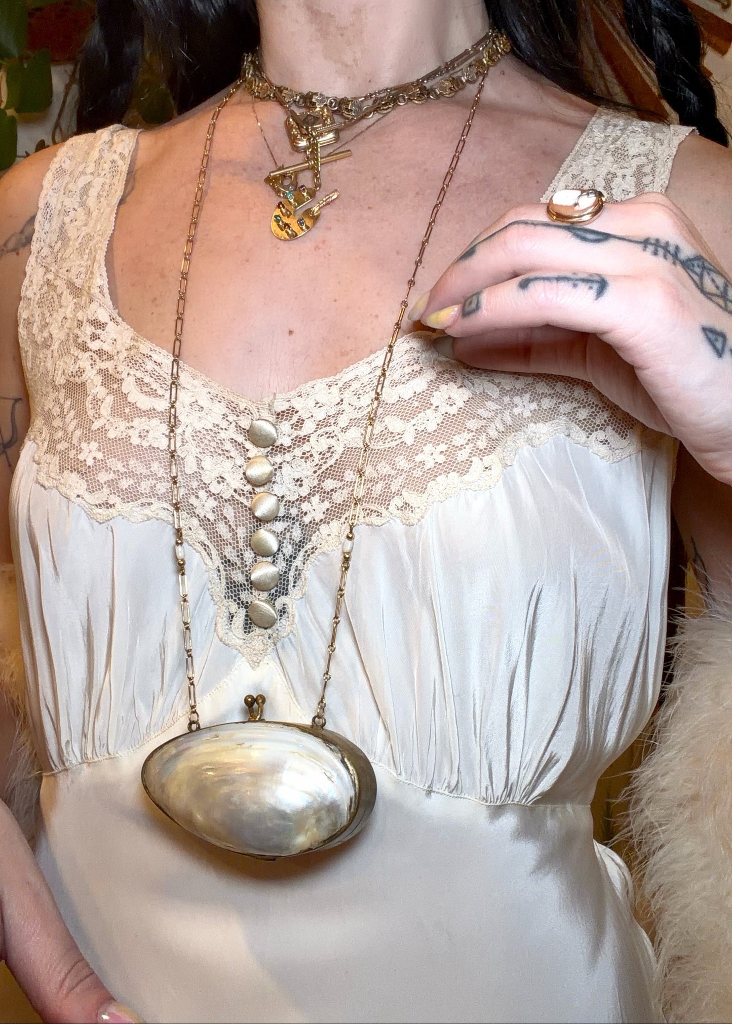 Vintage 1930's/1940's Bridal Ivory Rayon Satin Tie Back Slip Dress Bias Cut Ecru Lace Dressing Gown