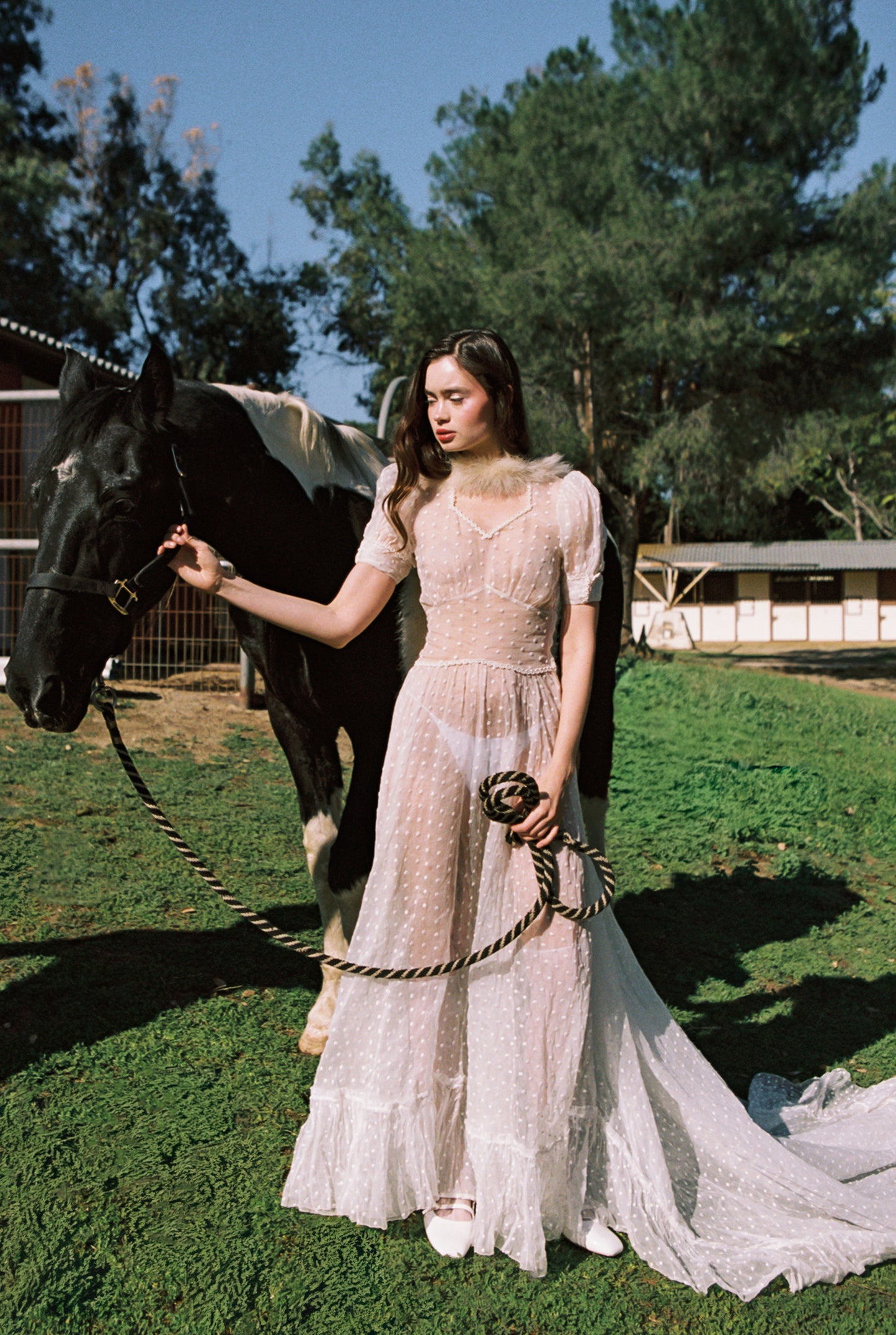 Sensational Ultra Rare Antique 1930’s Silk Organdy Swiss Dot Bone White Wedding Gown with an 80” Cathedral Train