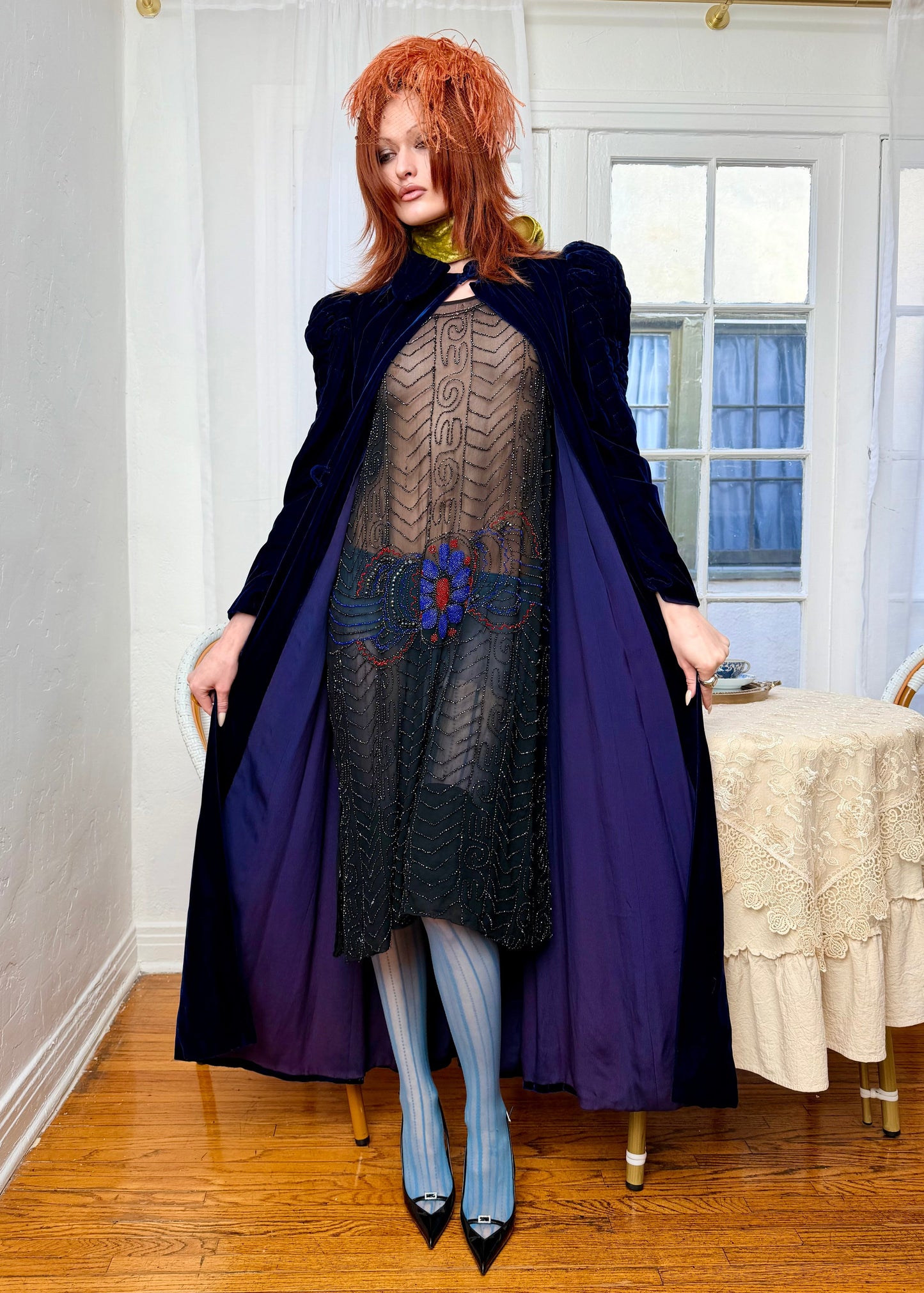 (reserved) Museum Worthy, Antique 1920’s Inky Black Silk Chiffon Art Deco Gown with Red, Blue, and Black Glass Beading