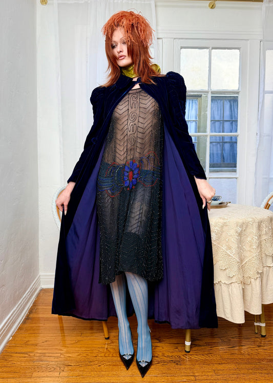 (reserved) Museum Worthy, Antique 1920’s Inky Black Silk Chiffon Art Deco Gown with Red, Blue, and Black Glass Beading