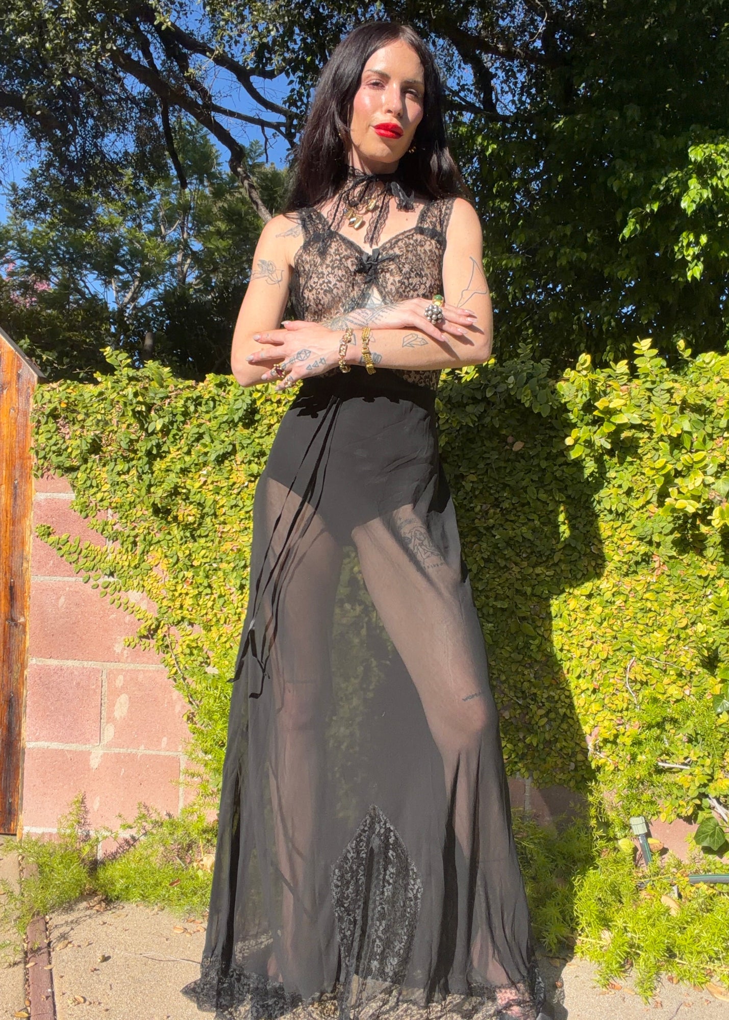 Elegant Antique 1940s Inky Black Silk Chiffon Bias-Cut Maxi Gown with French Lace