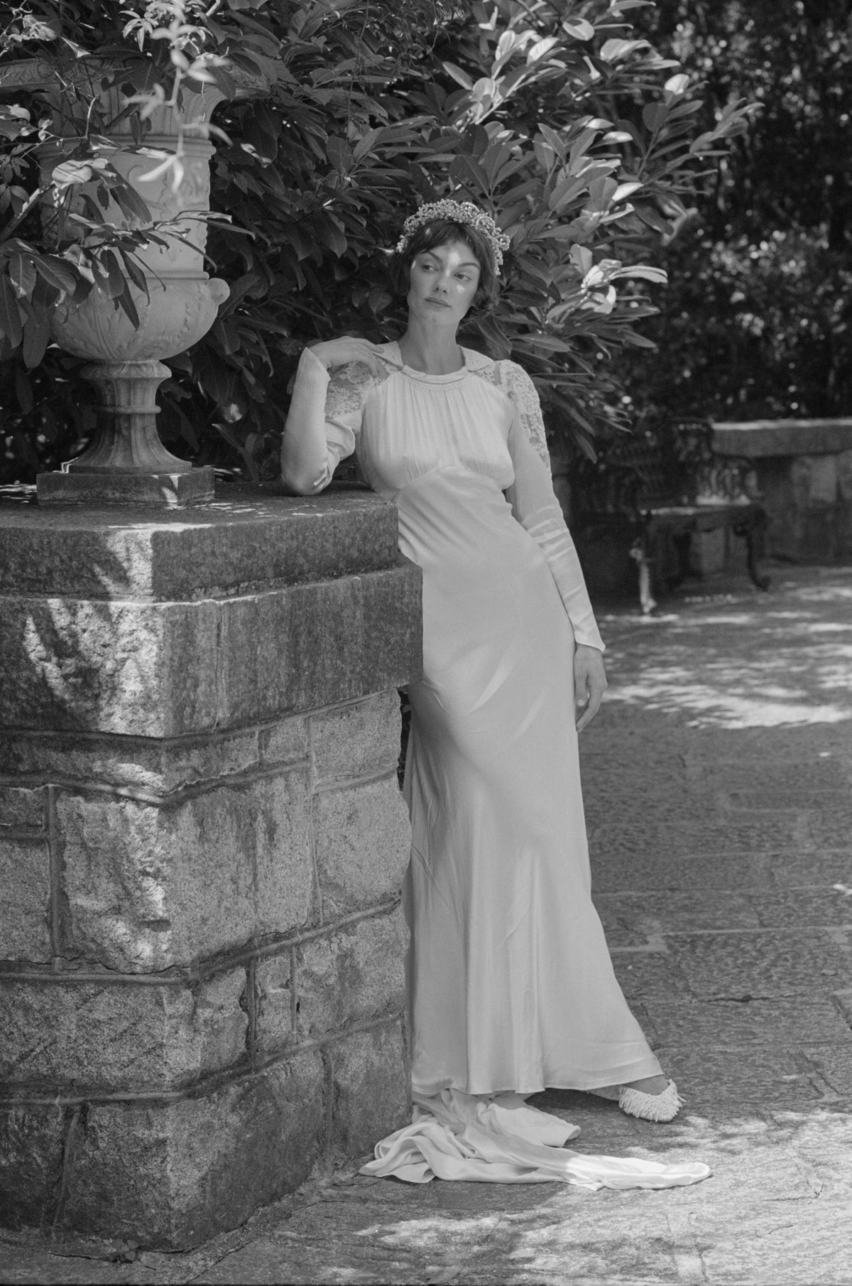 Heavenly Antique 1930’s Liquid Silk Charmeuse Wedding Gown with a Stunning Cathedral Train  Alencon Lace Shoulder and Collar Detail