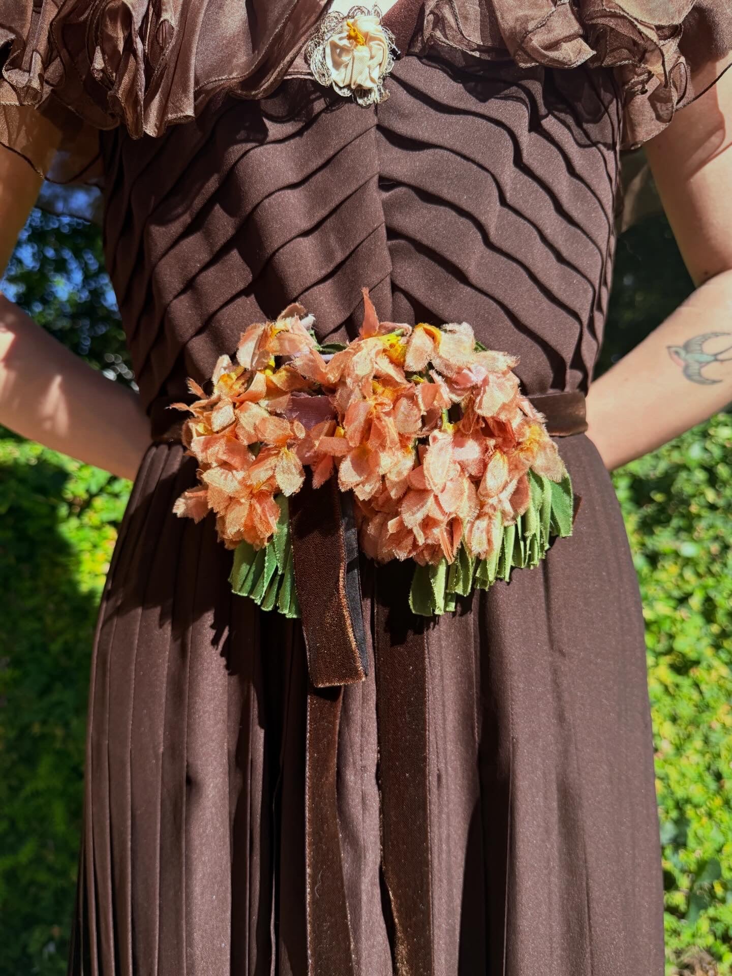 Whimsical Ethereal Vintage 1970’s Chocolate Chiffon Maxi Dress with Antique Floral Details - Re-Designed in House, One-of-One