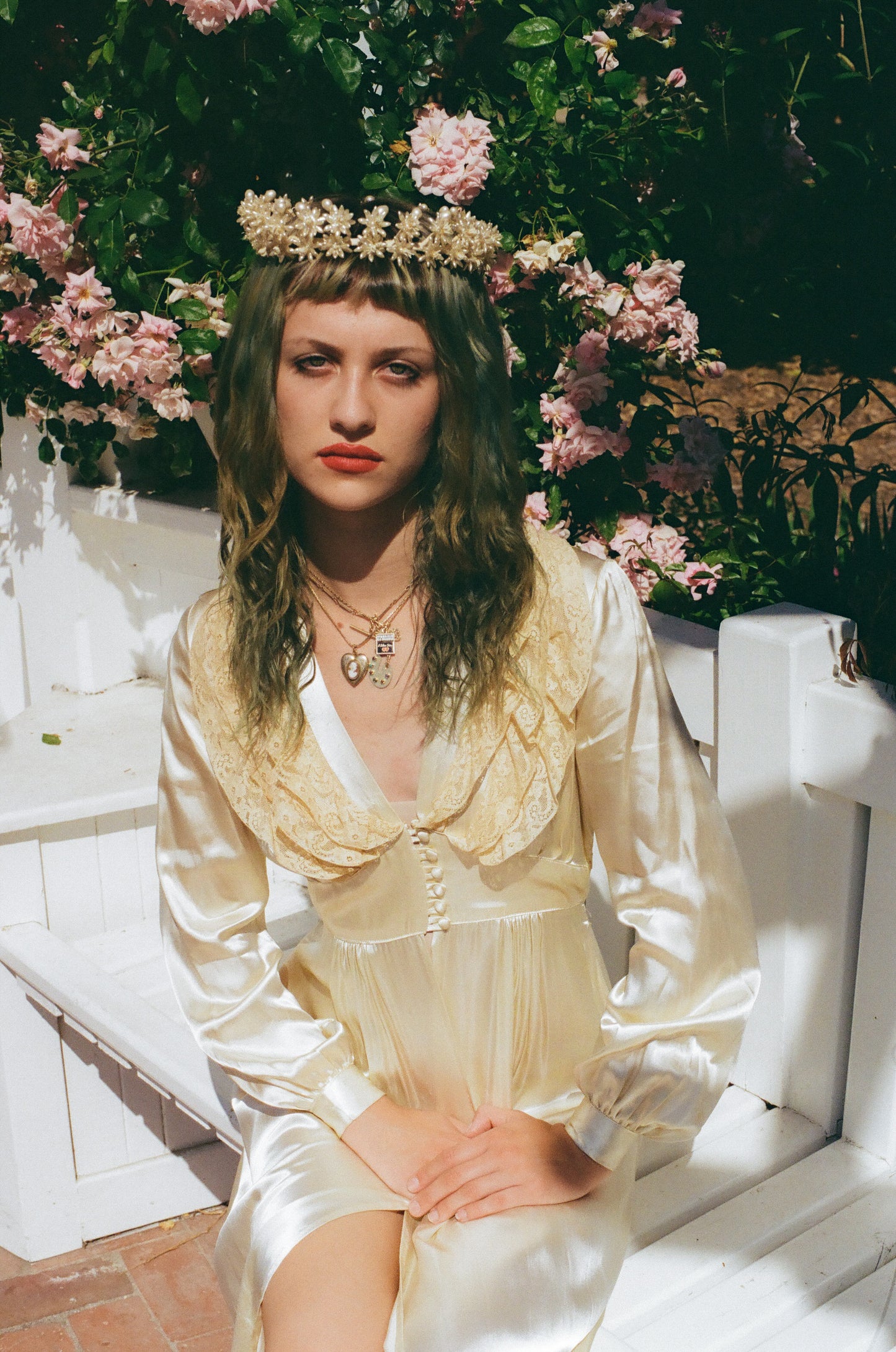 Ethereal Vintage 1950’s Pearlescent Halo Wedding Headpiece with Wax Flowers