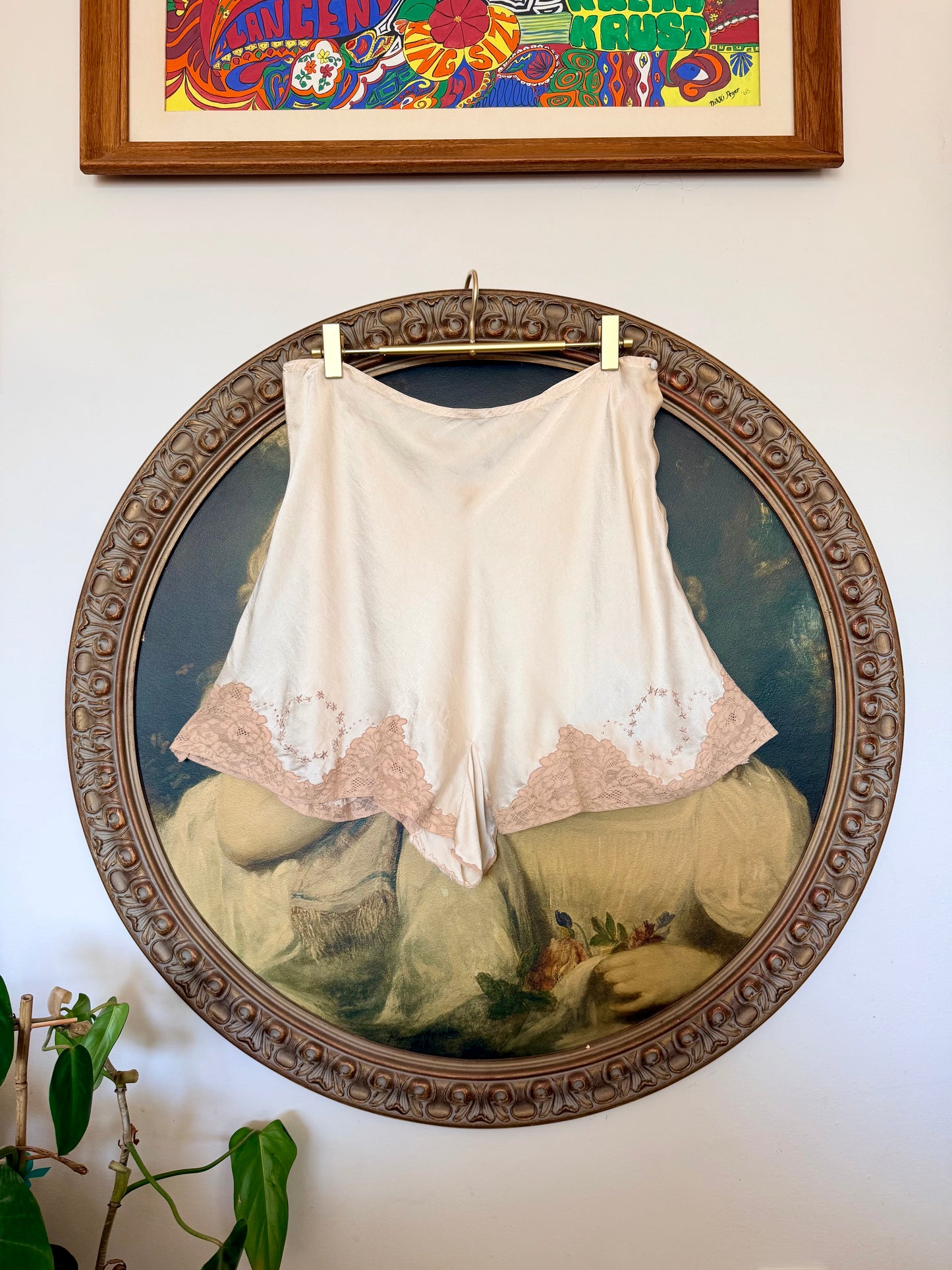 Antique 1930's Silk Tap Pants Bias Cut in Cream with Lace Inserts and Embroidery - Rare size L L/XL