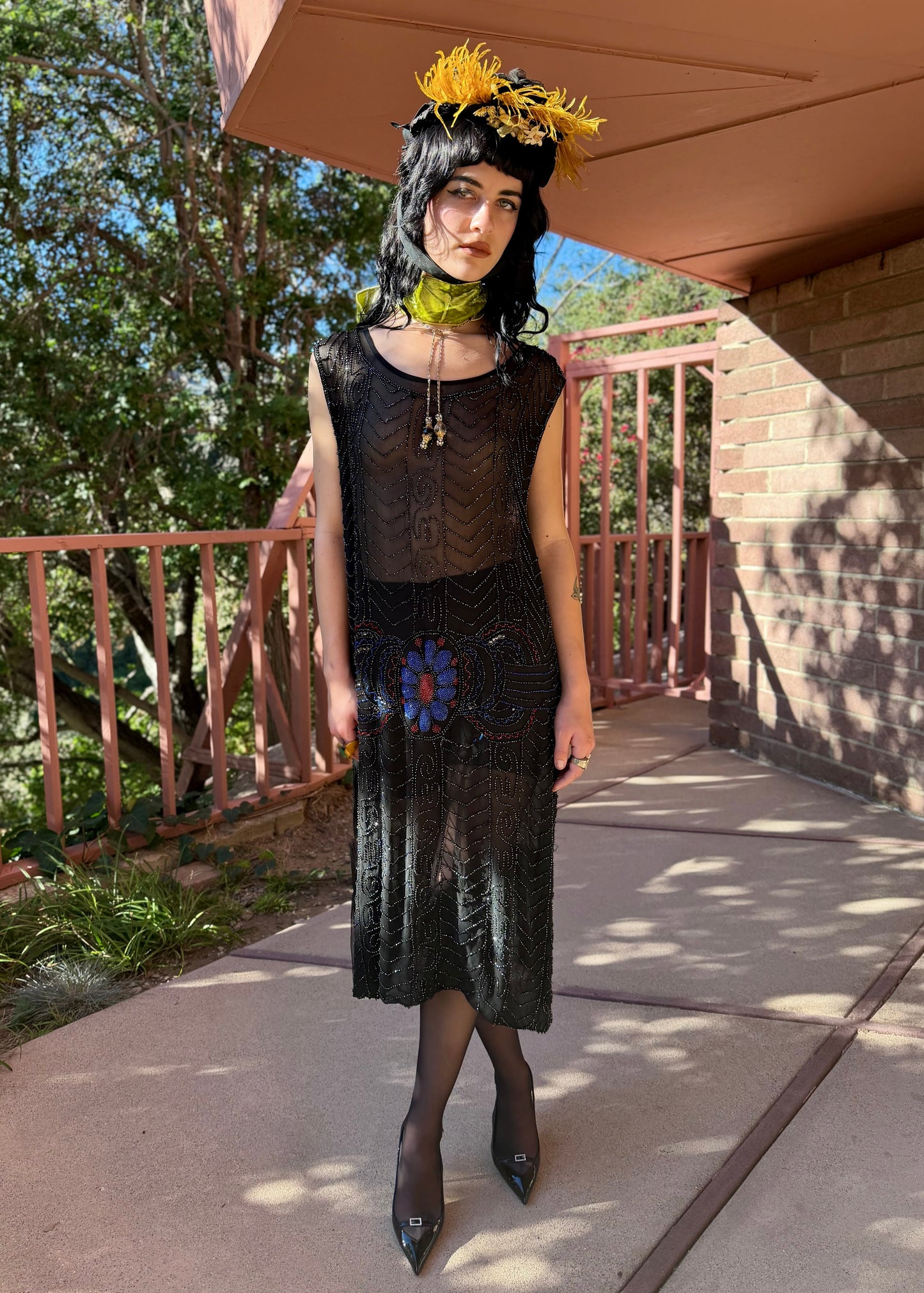 (reserved) Museum Worthy, Antique 1920’s Inky Black Silk Chiffon Art Deco Gown with Red, Blue, and Black Glass Beading