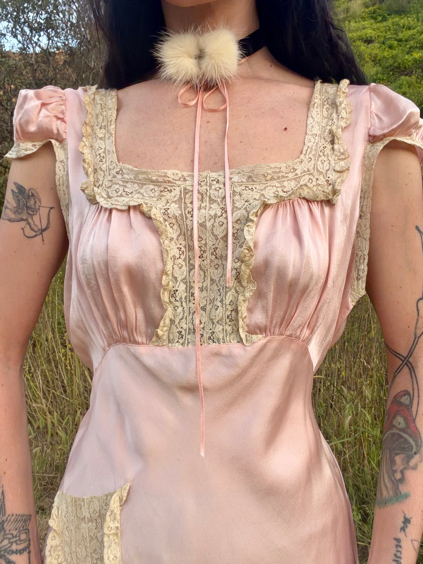Stunning Antique 1930’s Cherry Blossom Pink Bias Cut Silk Slip Dress with Unique Lace Detail
