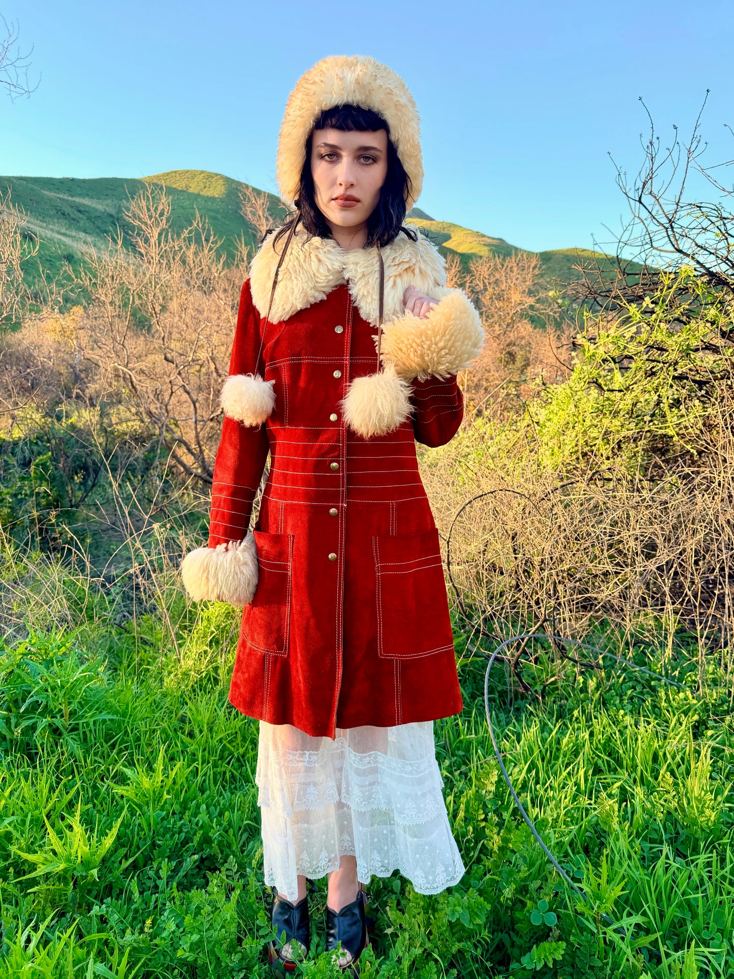 Genuine Suede Leather Vintage 1970’s Penny Lane Coat with Shearling Collar and Cuffs By: VANY Arcelus