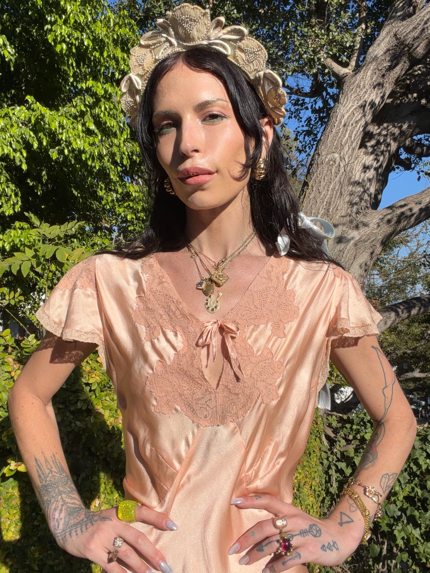 Antique late 1930’s / Early 1940’s Silk Satin Peachy Pink Slip Dress With Lace Inserts and Flutter Shoulder Sleeves