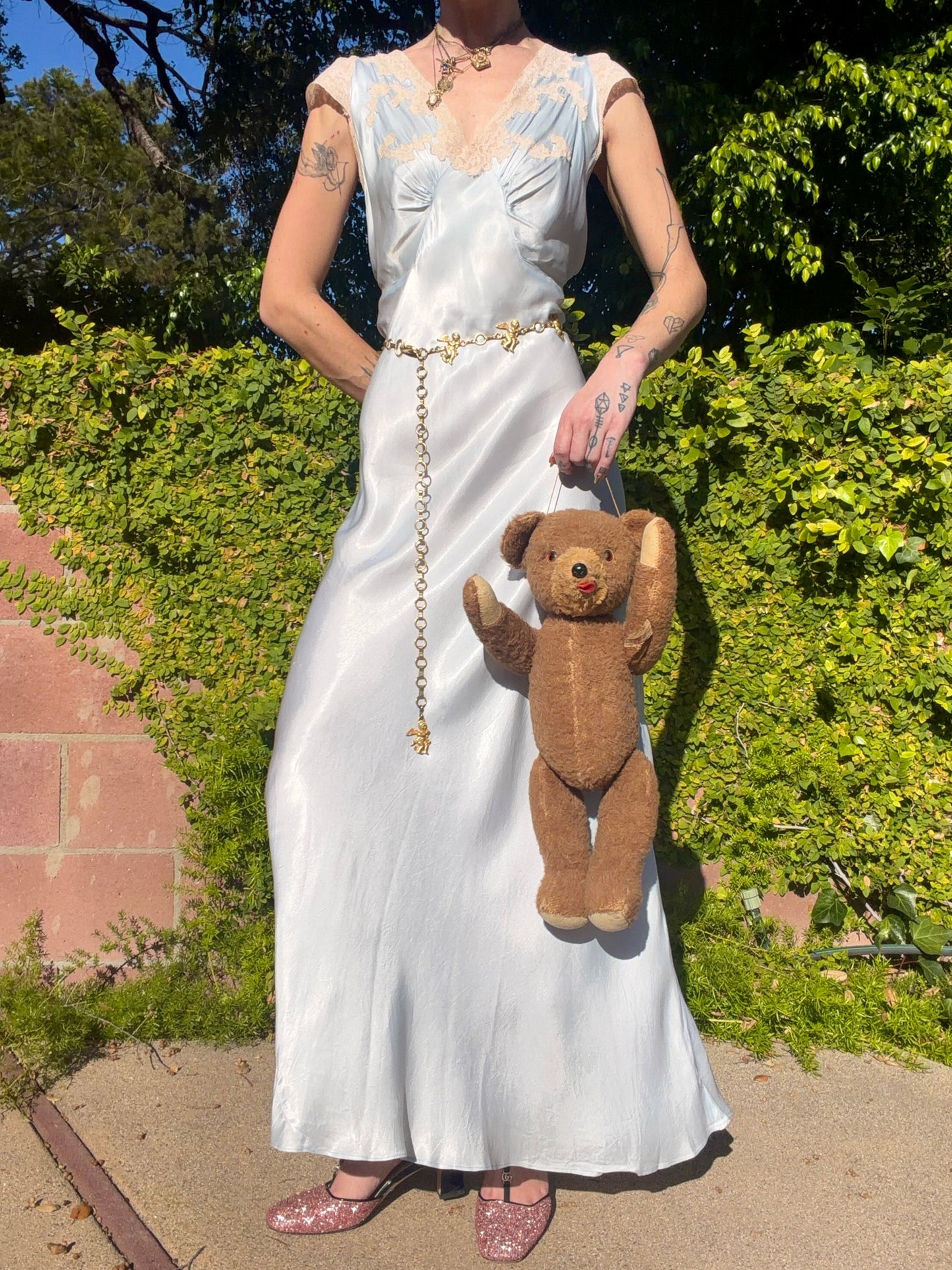 Whimsical Ice Blue Antique 1930's Silk Charmeuse Bias Cut Slip Dress with Cream Lace Inserts - Volup Size