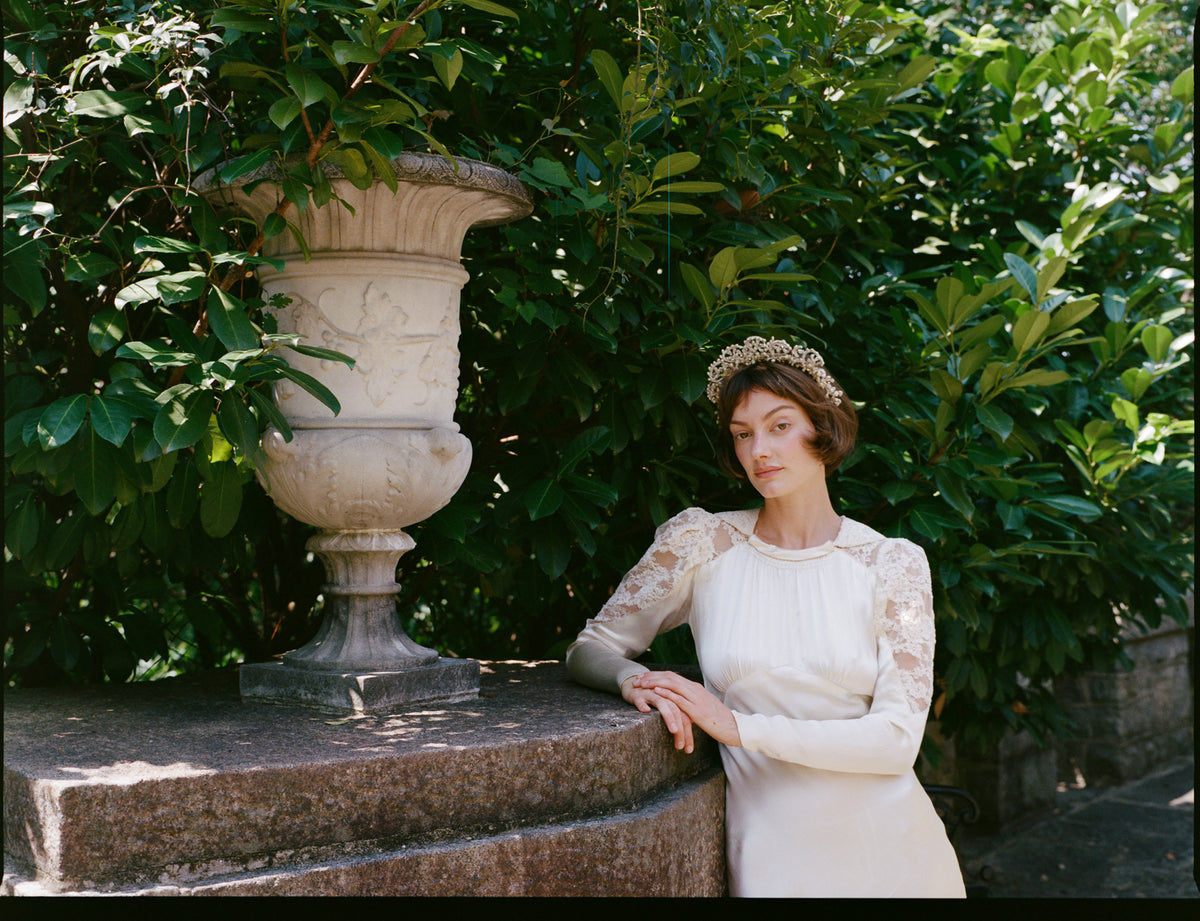 Heavenly Antique 1930’s Liquid Silk Charmeuse Wedding Gown with a Stunning Cathedral Train  Alencon Lace Shoulder and Collar Detail