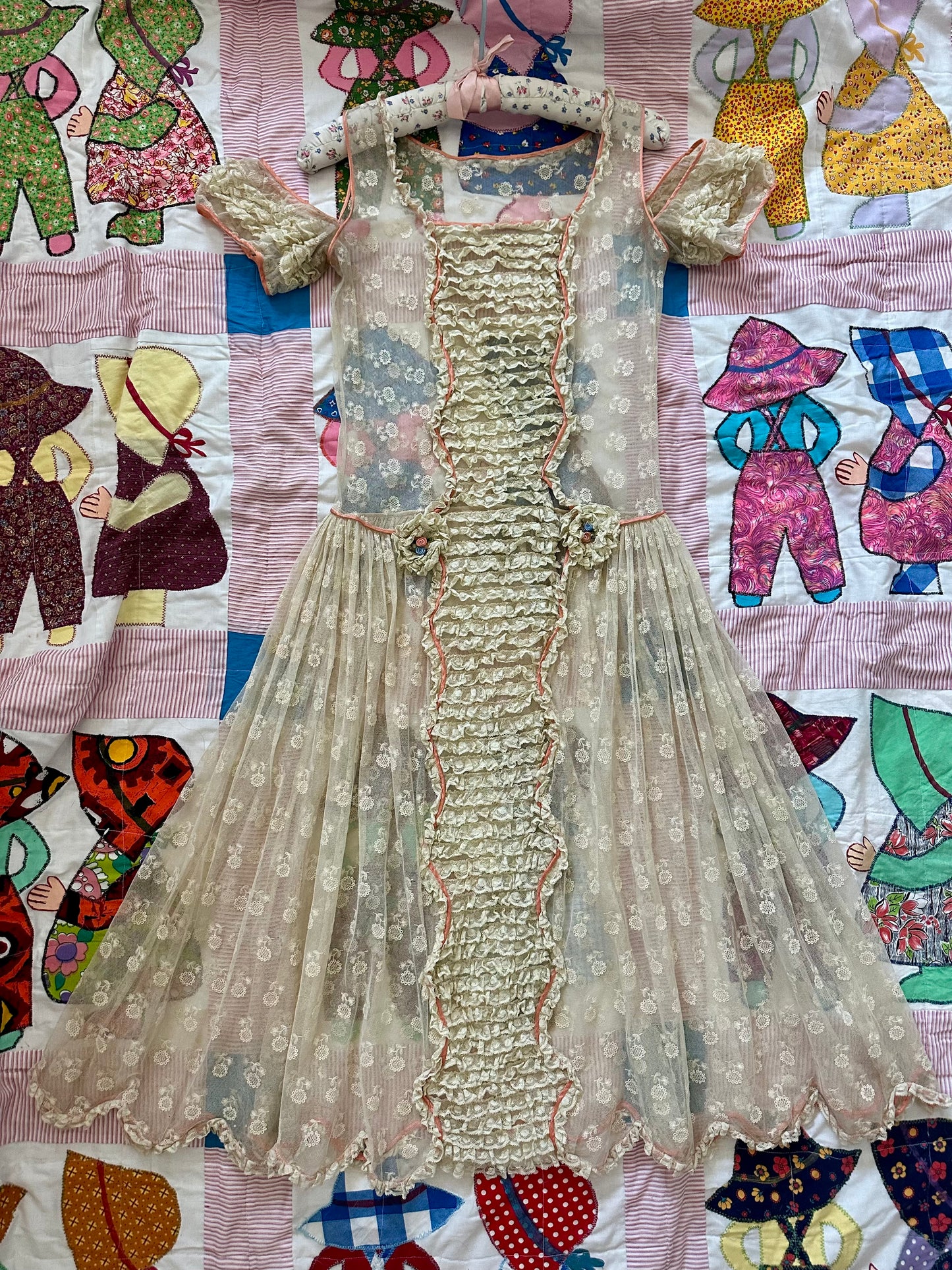 Rare antique 1920’s/1930’s silk tulle lace and tiered frill trim day dress