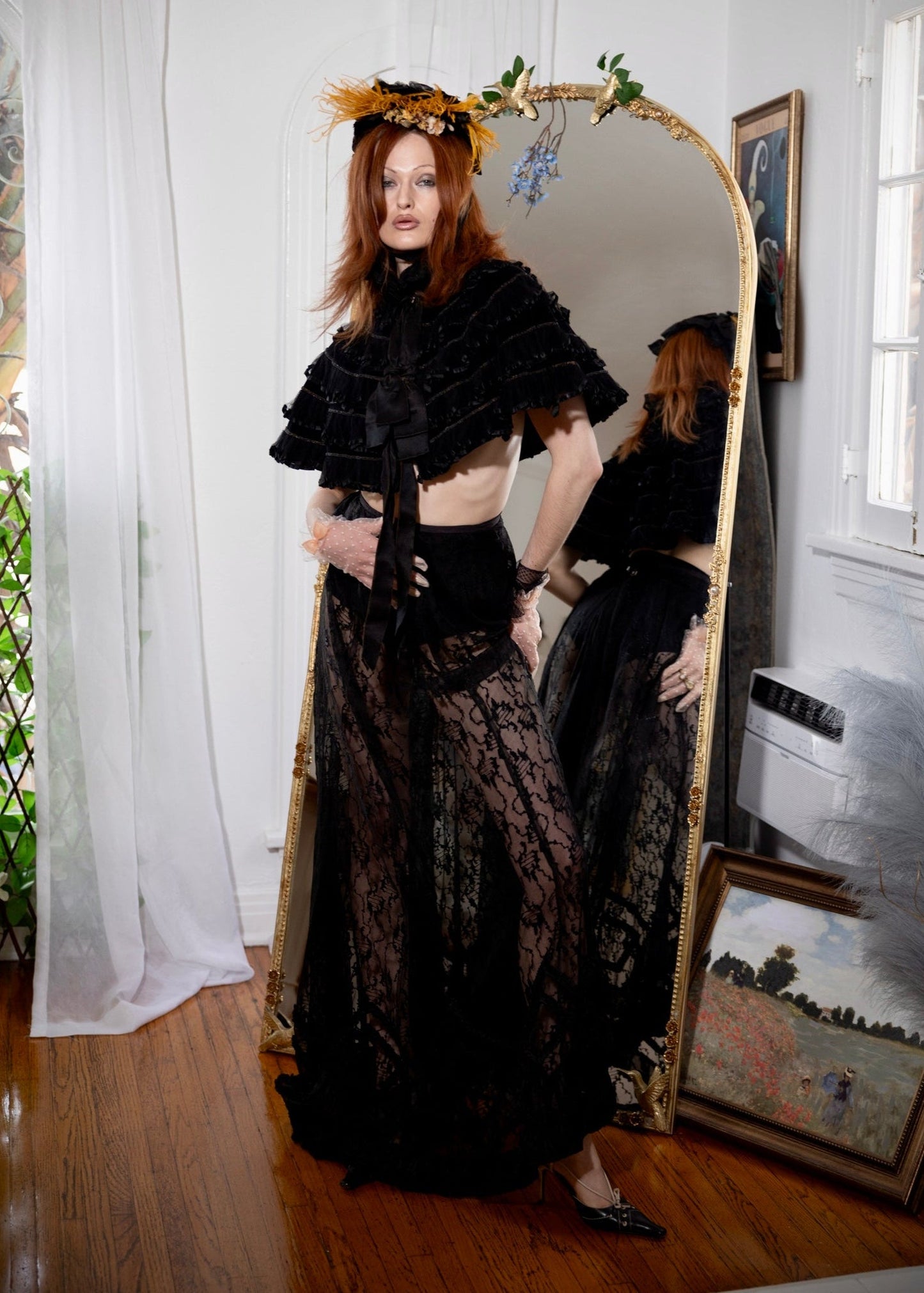 Museum Quality: Astonishing, Antique Victorian 1890’s, Silk Velvet Jet Black Mourning Cape with Tiers of Silk Mesh Ruffles and Hand-Beading All Over - Historical Piece