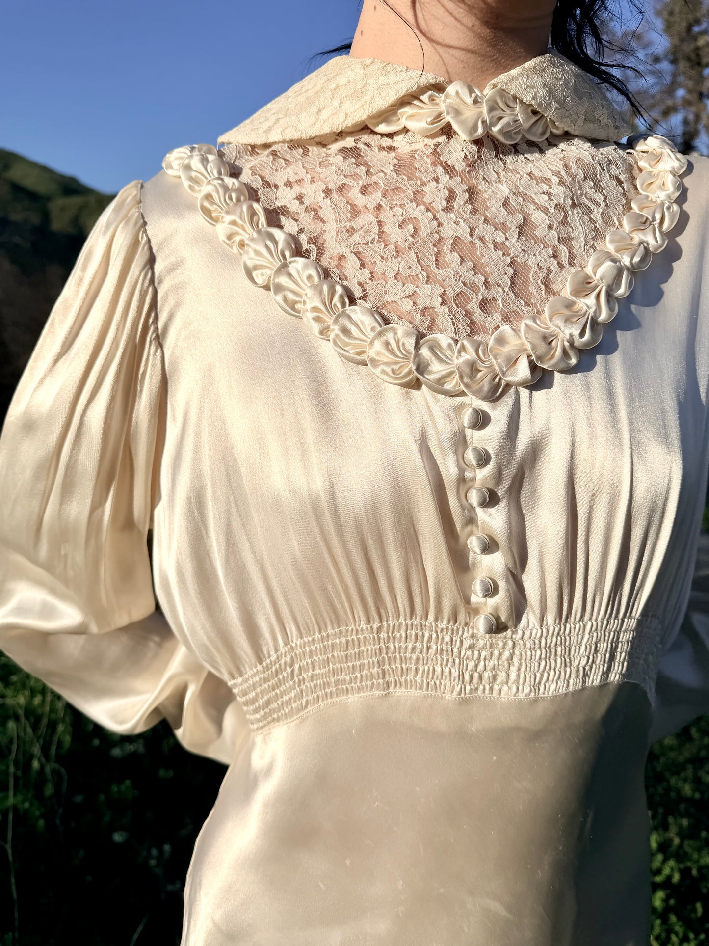 Romantic Antique 1930's Bias Cut Charmeuse Satin Wedding Gown in Candlelight with Rosette Details