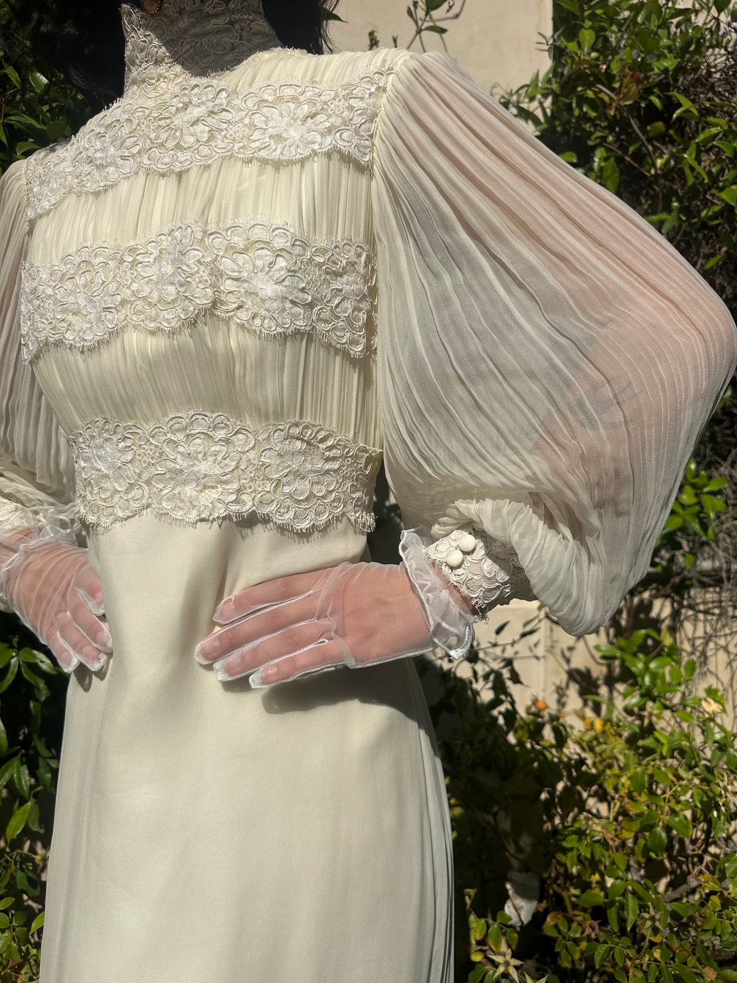 Whimsical Vintage 1970's Victorian Inspired Silk Chiffon Alencon Lace Bridal Dress in Alabaster