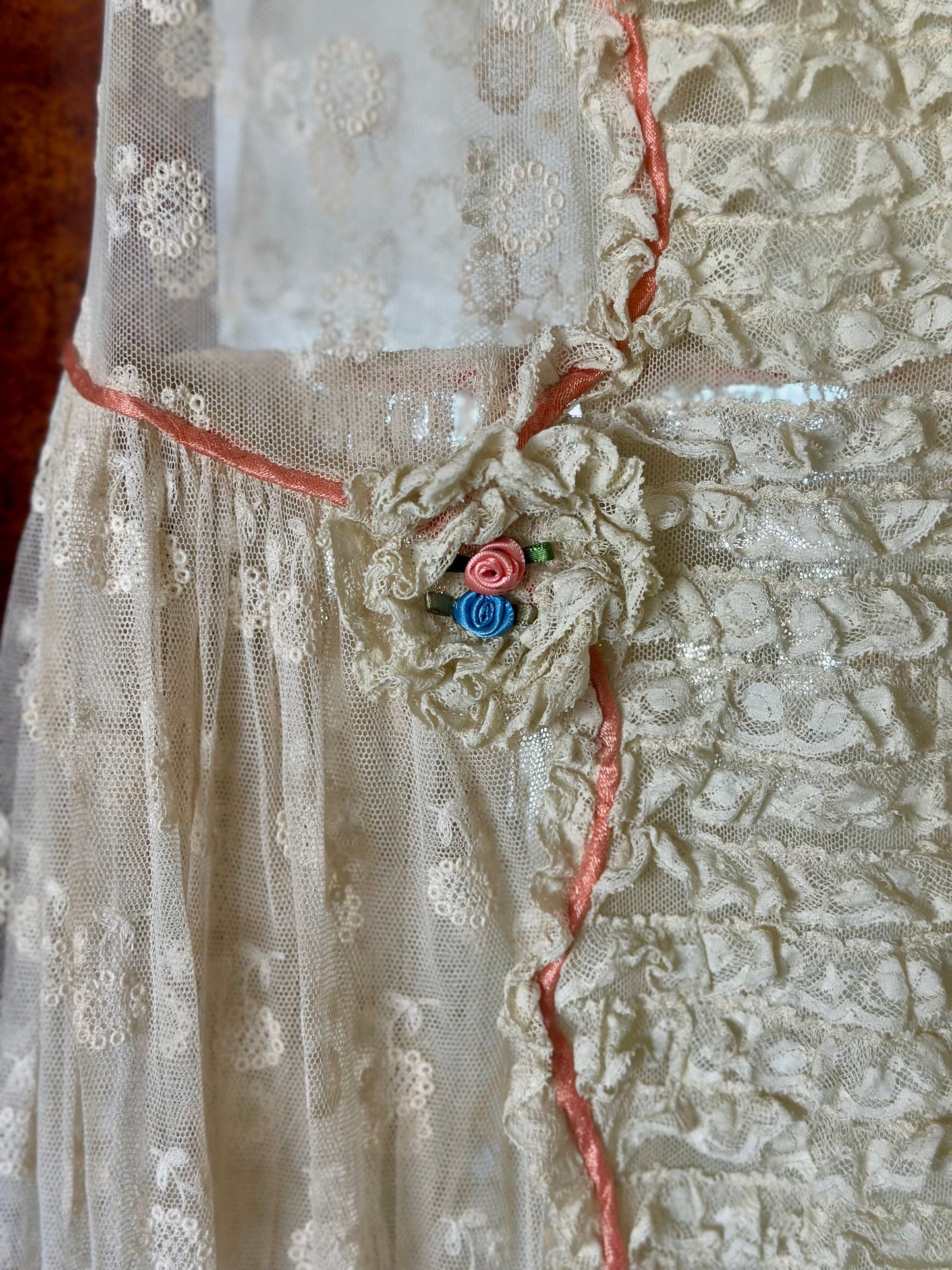 Rare antique 1920’s/1930’s silk tulle lace and tiered frill trim day dress