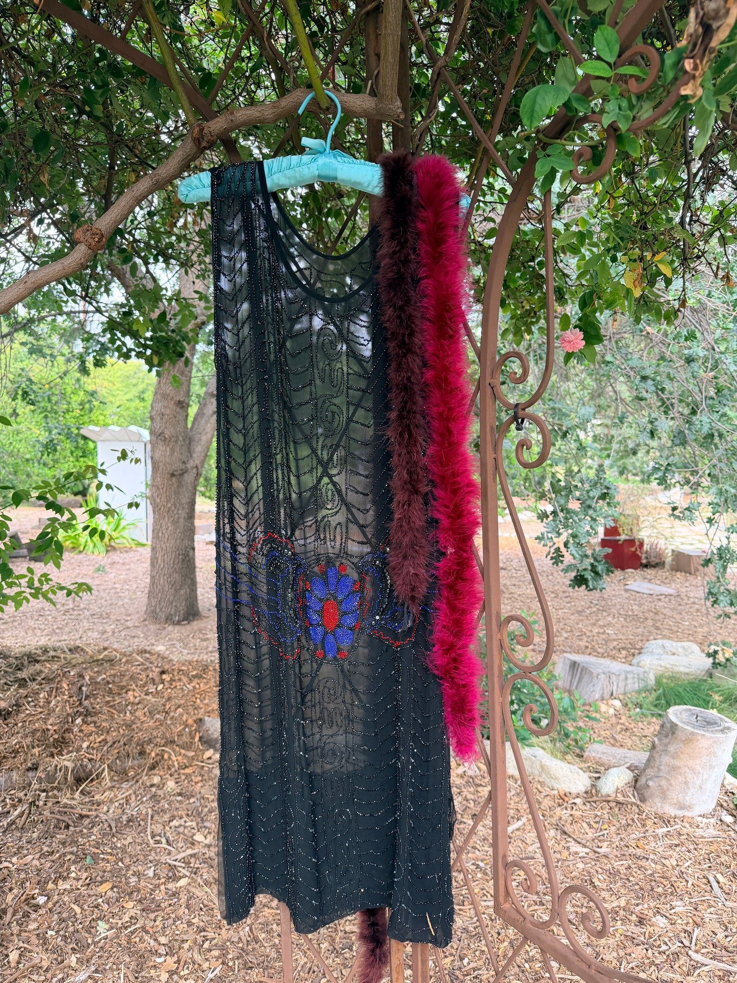 (reserved) Museum Worthy, Antique 1920’s Inky Black Silk Chiffon Art Deco Gown with Red, Blue, and Black Glass Beading