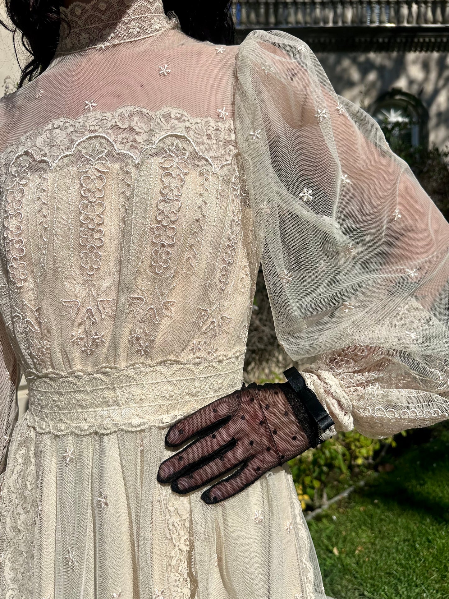 One-of-One Vintage 1970's Ecru Lace and Netting Wedding Gown With A Cascading Train
