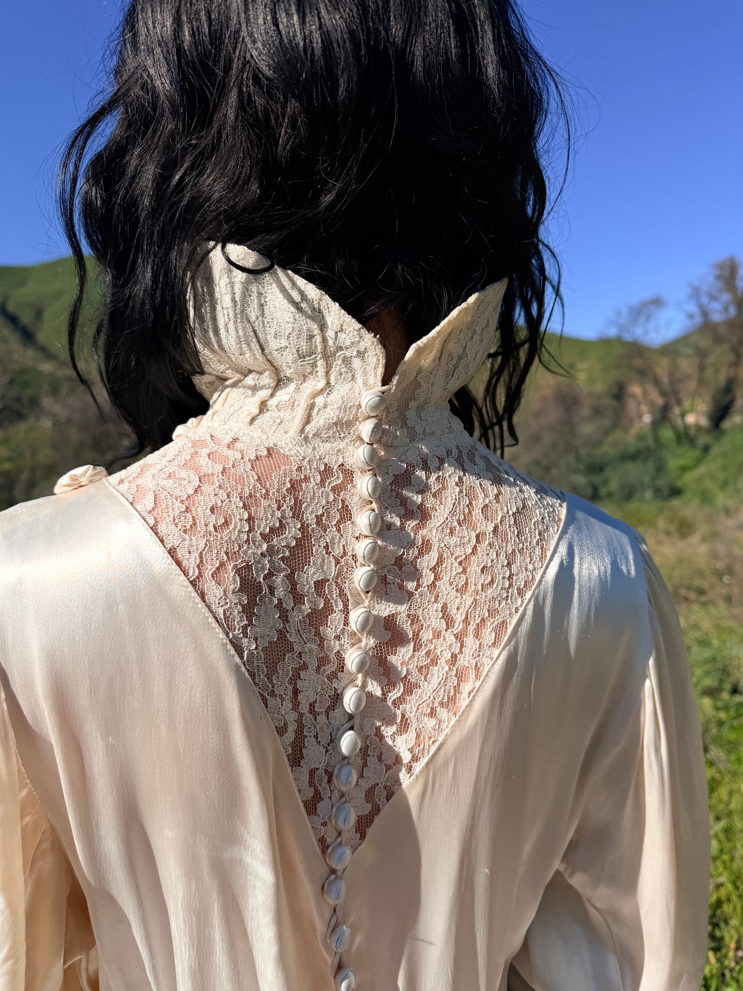 Romantic Antique 1930's Bias Cut Charmeuse Satin Wedding Gown in Candlelight with Rosette Details