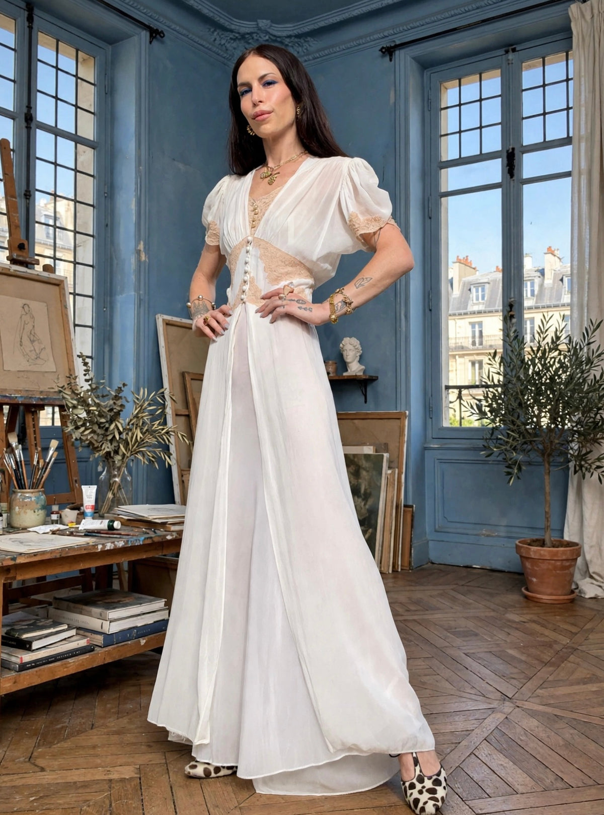 Angelic Bridal Vintage 1940’s Chiffon Dressing Gown and Slip Dress 2-Piece Set in Egg Shell White Adorned with Alencon Lace Details in a Cream Hue