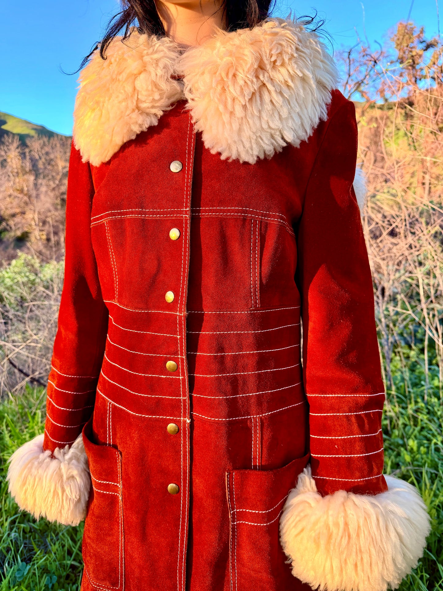 Genuine Suede Leather Vintage 1970’s Penny Lane Coat with Shearling Collar and Cuffs By: VANY Arcelus