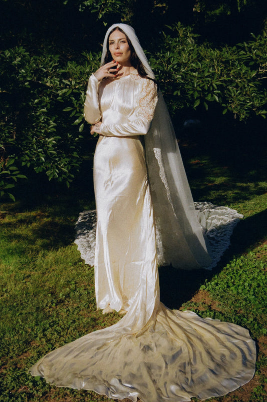 Antique 1930’s Liquid Satin Bias Cut Silk Charmeuse Wedding Gown with Alencon Lace and Cathedral Train