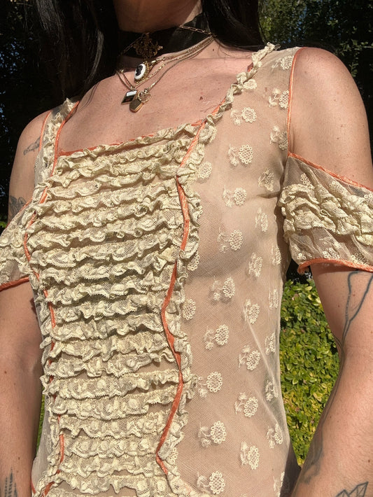 Rare antique 1920’s/1930’s silk tulle lace and tiered frill trim day dress