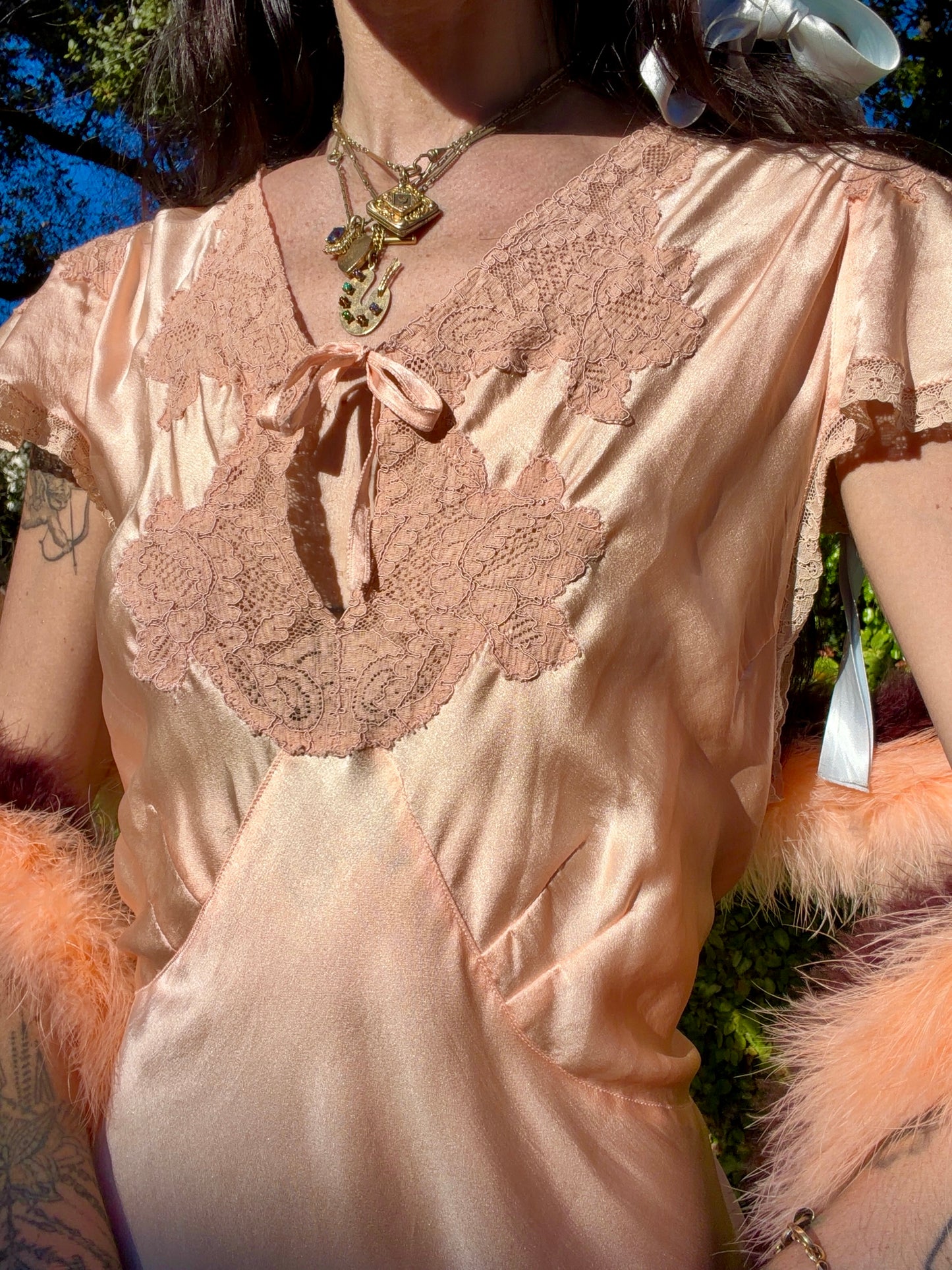 Antique late 1930’s / Early 1940’s Silk Satin Peachy Pink Slip Dress With Lace Inserts and Flutter Shoulder Sleeves