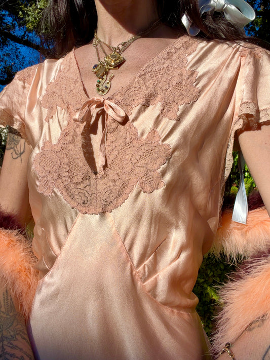 Whimsical Antique 1930’s/1940’s Silk Satin Peachy Pink Slip Dress With Lace Inserts and Flutter Shoulder Sleeves | M-XL