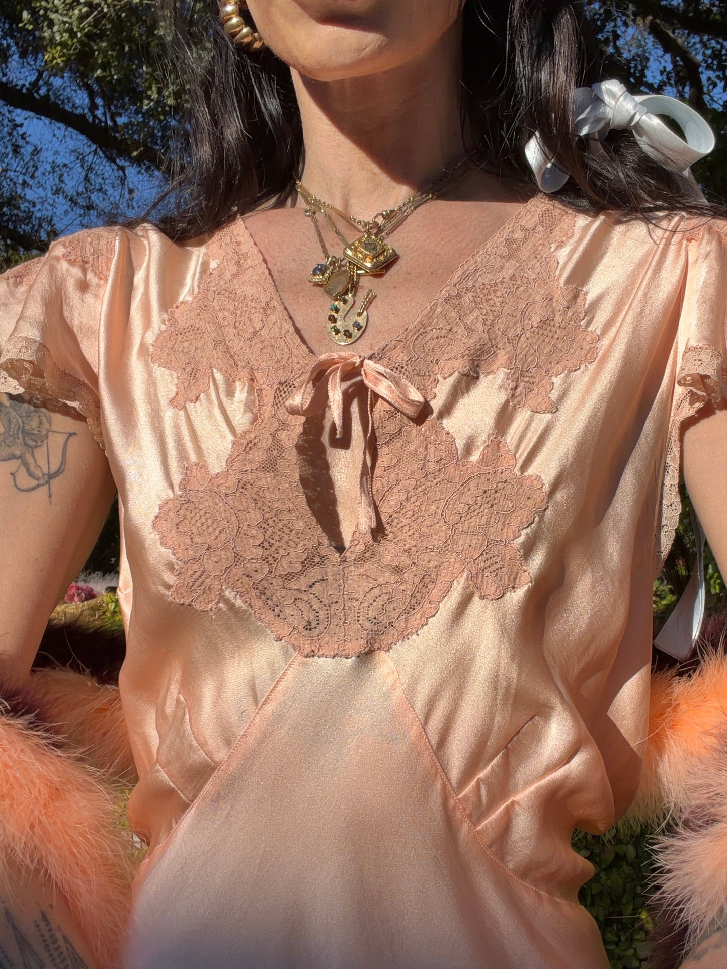 Antique late 1930’s / Early 1940’s Silk Satin Peachy Pink Slip Dress With Lace Inserts and Flutter Shoulder Sleeves