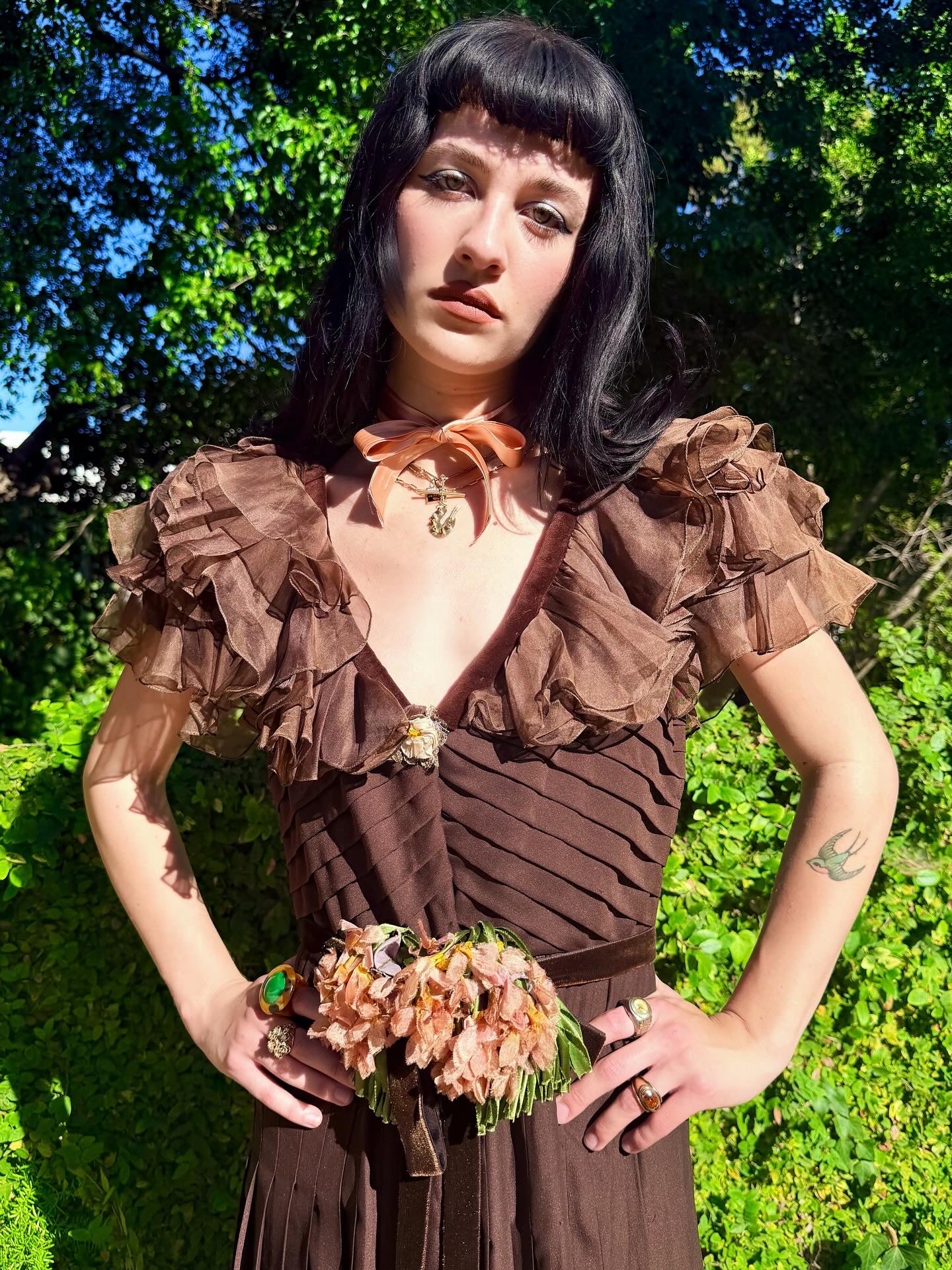 Whimsical Ethereal Vintage 1970’s Chocolate Chiffon Maxi Dress with Antique Floral Details - Re-Designed in House, One-of-One