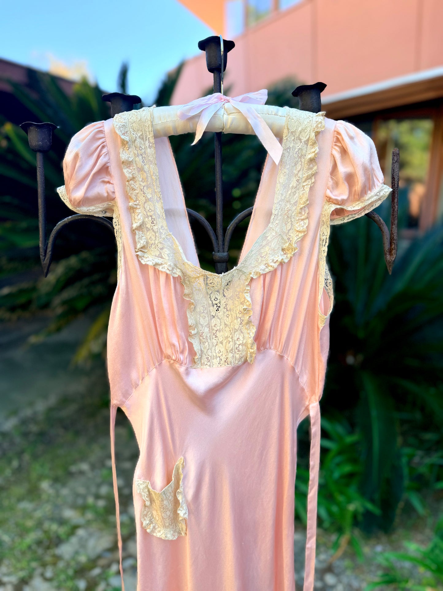 Stunning Antique 1930’s Cherry Blossom Pink Bias Cut Silk Slip Dress with Unique Lace Detail