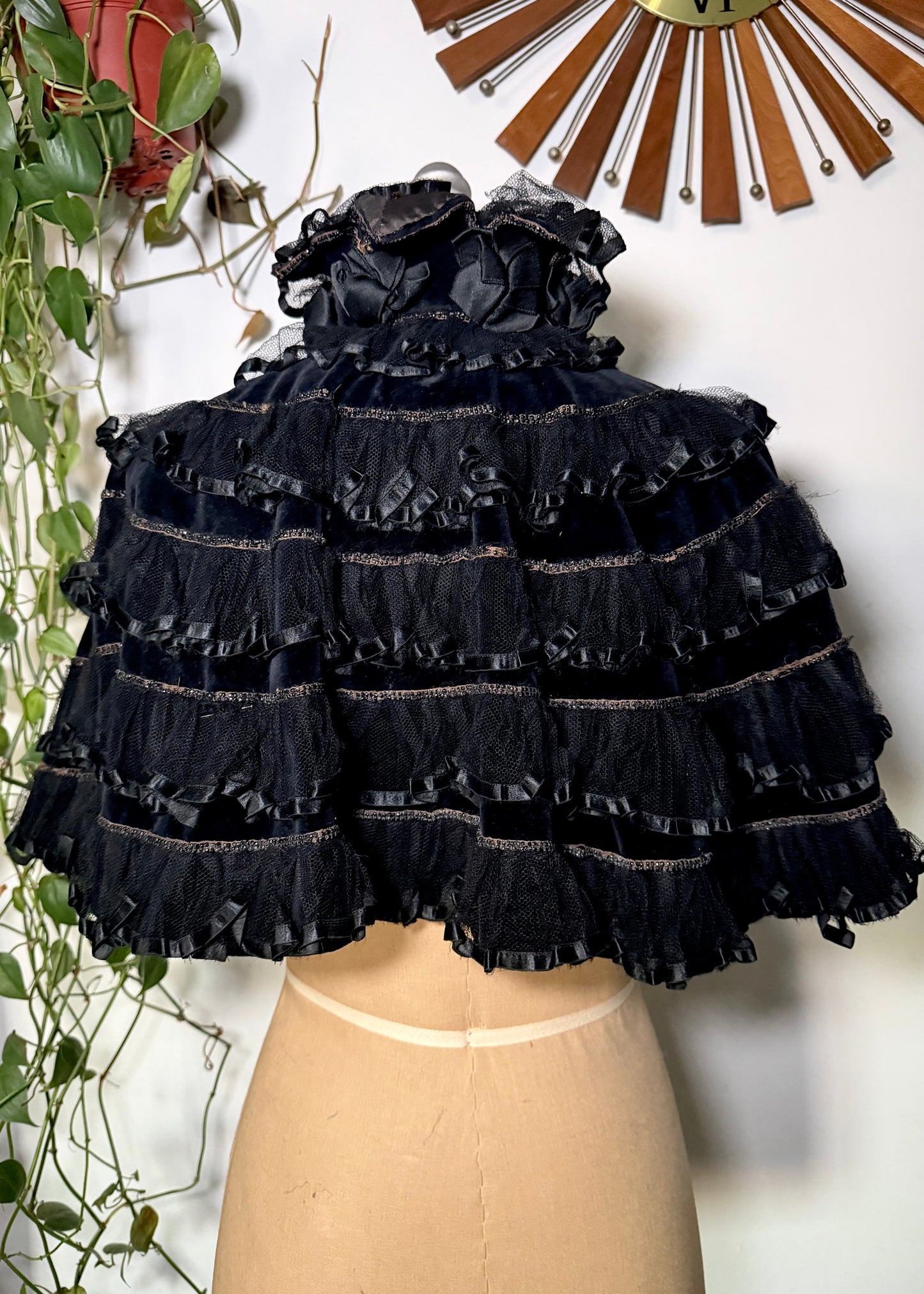 Museum Quality: Astonishing, Antique Victorian 1890’s, Silk Velvet Jet Black Mourning Cape with Tiers of Silk Mesh Ruffles and Hand-Beading All Over - Historical Piece