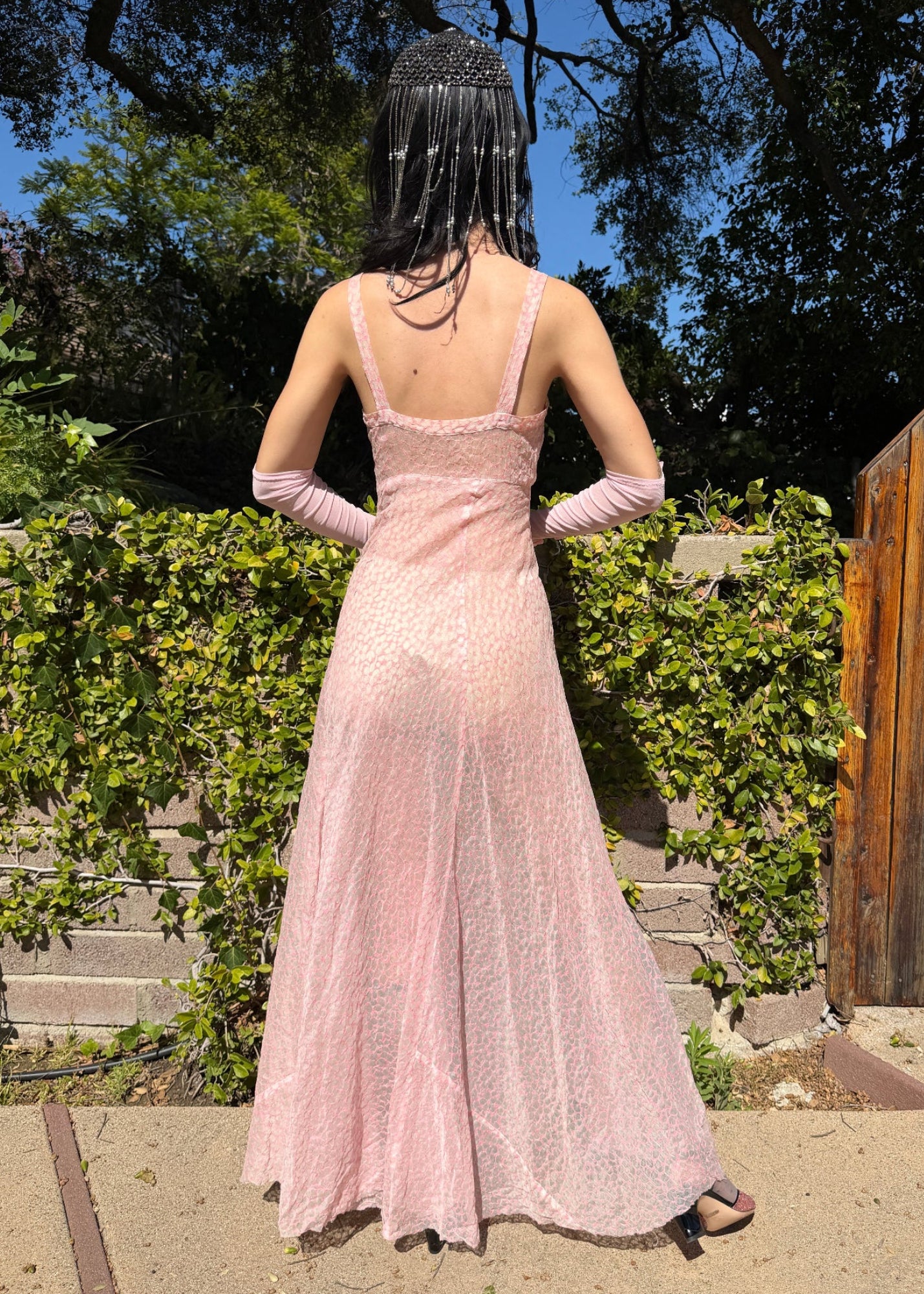 Whimsical Antique 1930’s Silk Organdy Bias Cut Maxi Dress with an Ethereal Floral Fabric Pattern