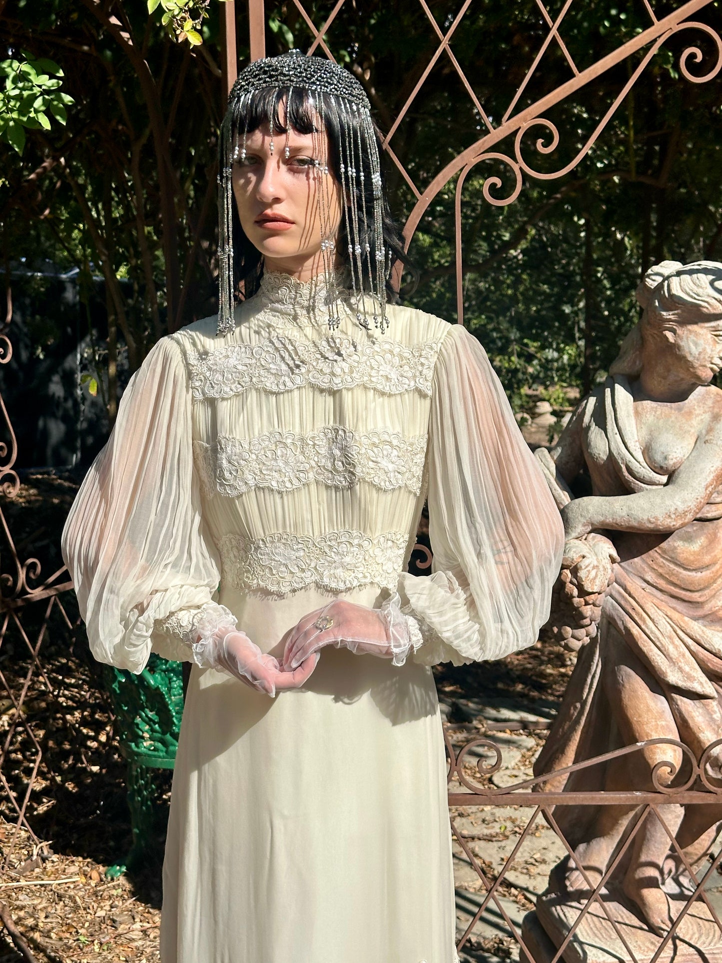 Whimsical Vintage 1970's Victorian Inspired Silk Chiffon Alencon Lace Bridal Dress in Alabaster