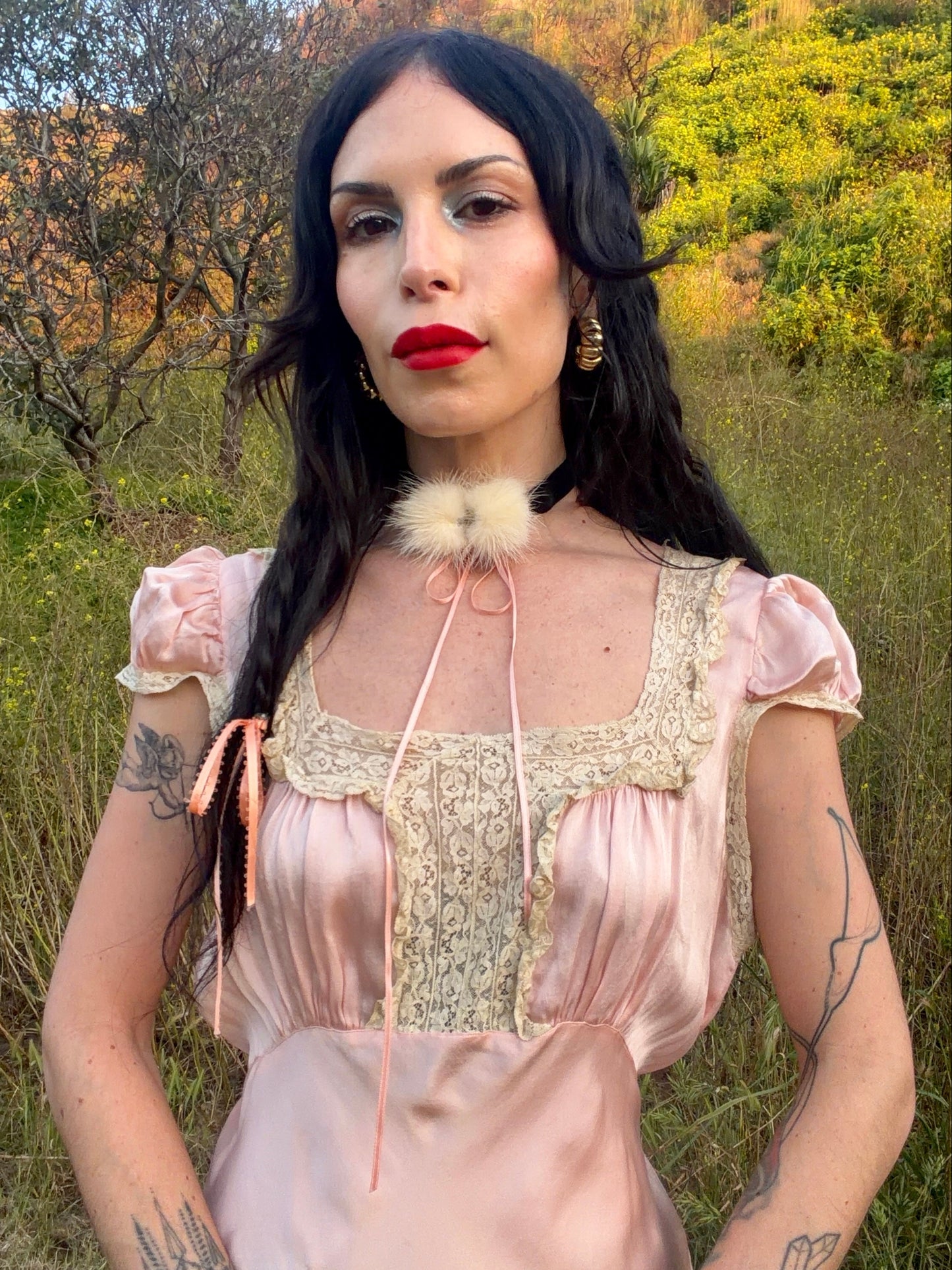 Stunning Antique 1930’s Cherry Blossom Pink Bias Cut Silk Slip Dress with Unique Lace Detail