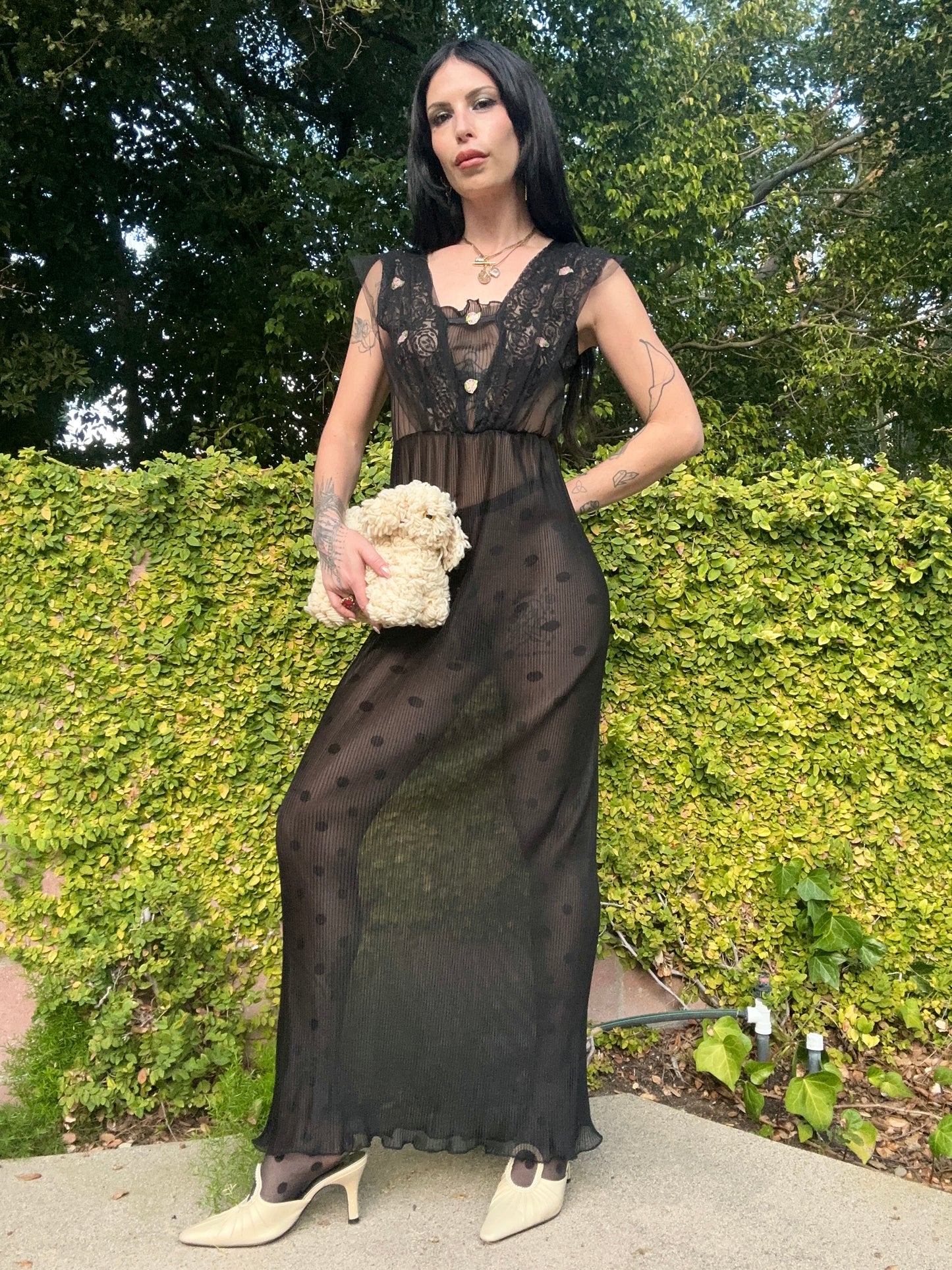 Sultry Vintage 1960’s Black Pleated Maxi Slip Dress with Rosettes and Lace