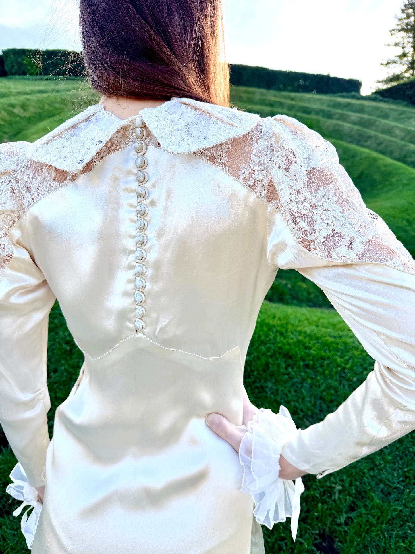Heavenly Antique 1930’s Liquid Silk Charmeuse Wedding Gown with a Stunning Cathedral Train  Alencon Lace Shoulder and Collar Detail